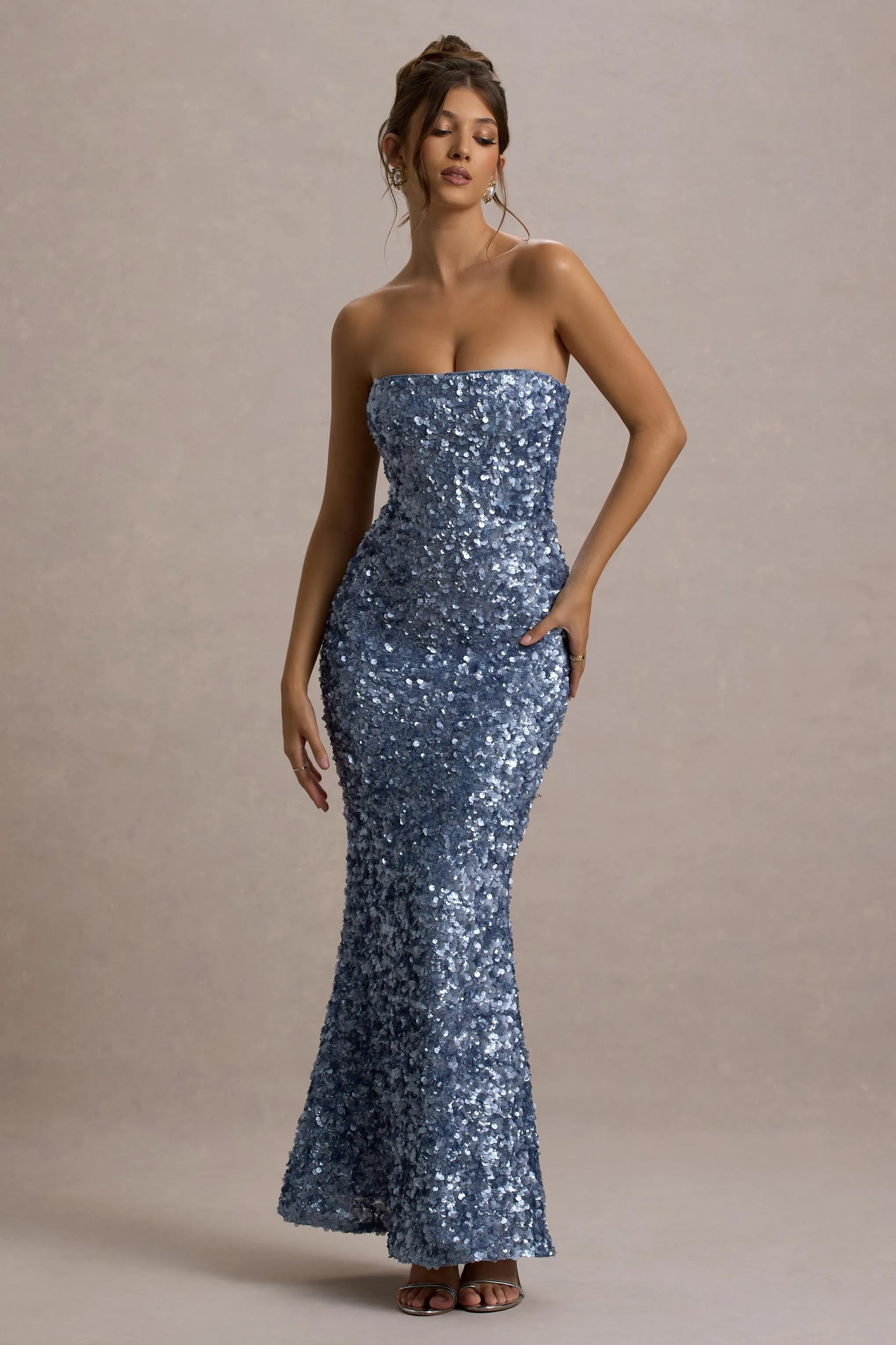 Evabeth | Powder Blue Sequin Strapless Maxi Dress