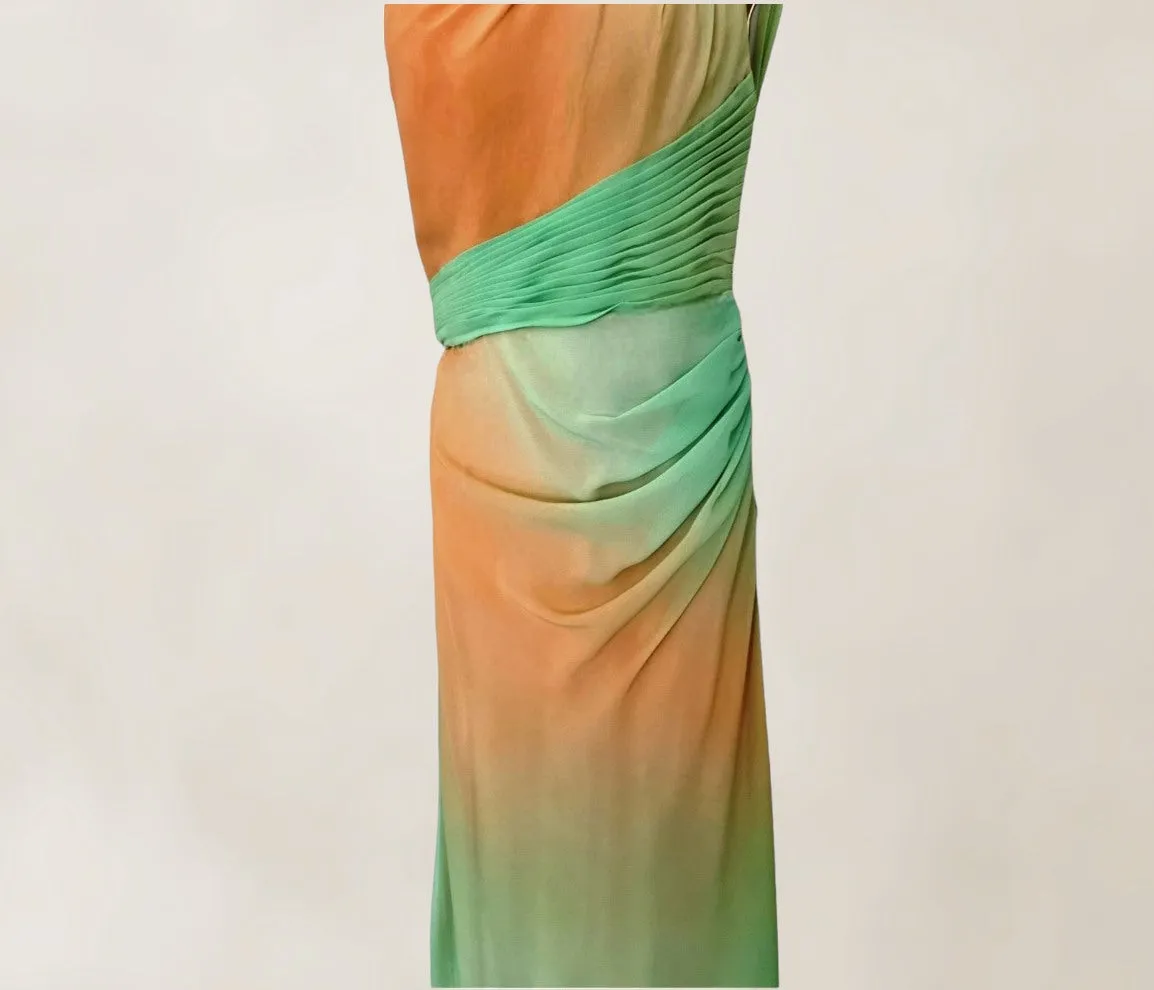 Faviana Couture Peach & Green Fish Tail Maxi Dress UK 6 US 2 EU 34 IT 38