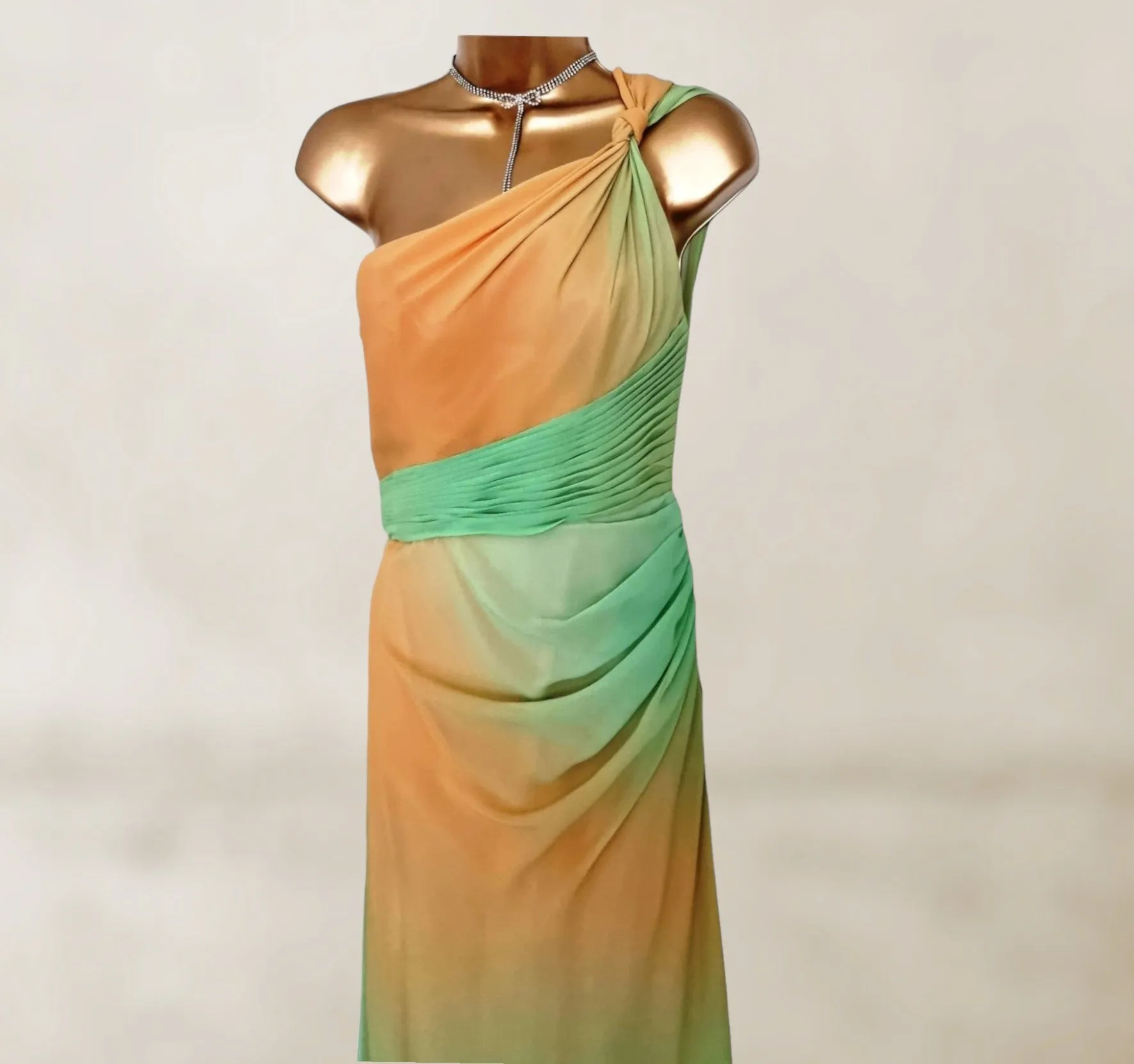 Faviana Couture Peach & Green Fish Tail Maxi Dress UK 6 US 2 EU 34 IT 38