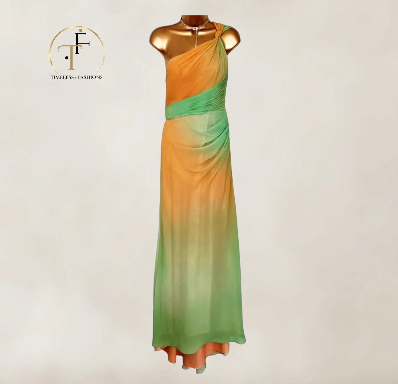 Faviana Couture Peach & Green Fish Tail Maxi Dress UK 6 US 2 EU 34 IT 38