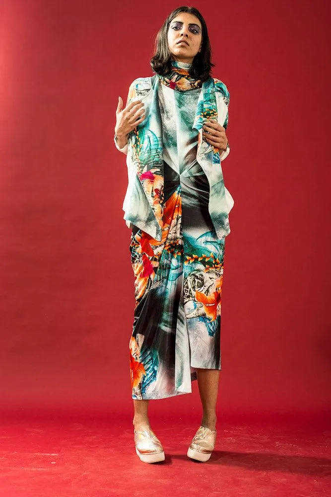 Fish Reflection Print Drape Dress