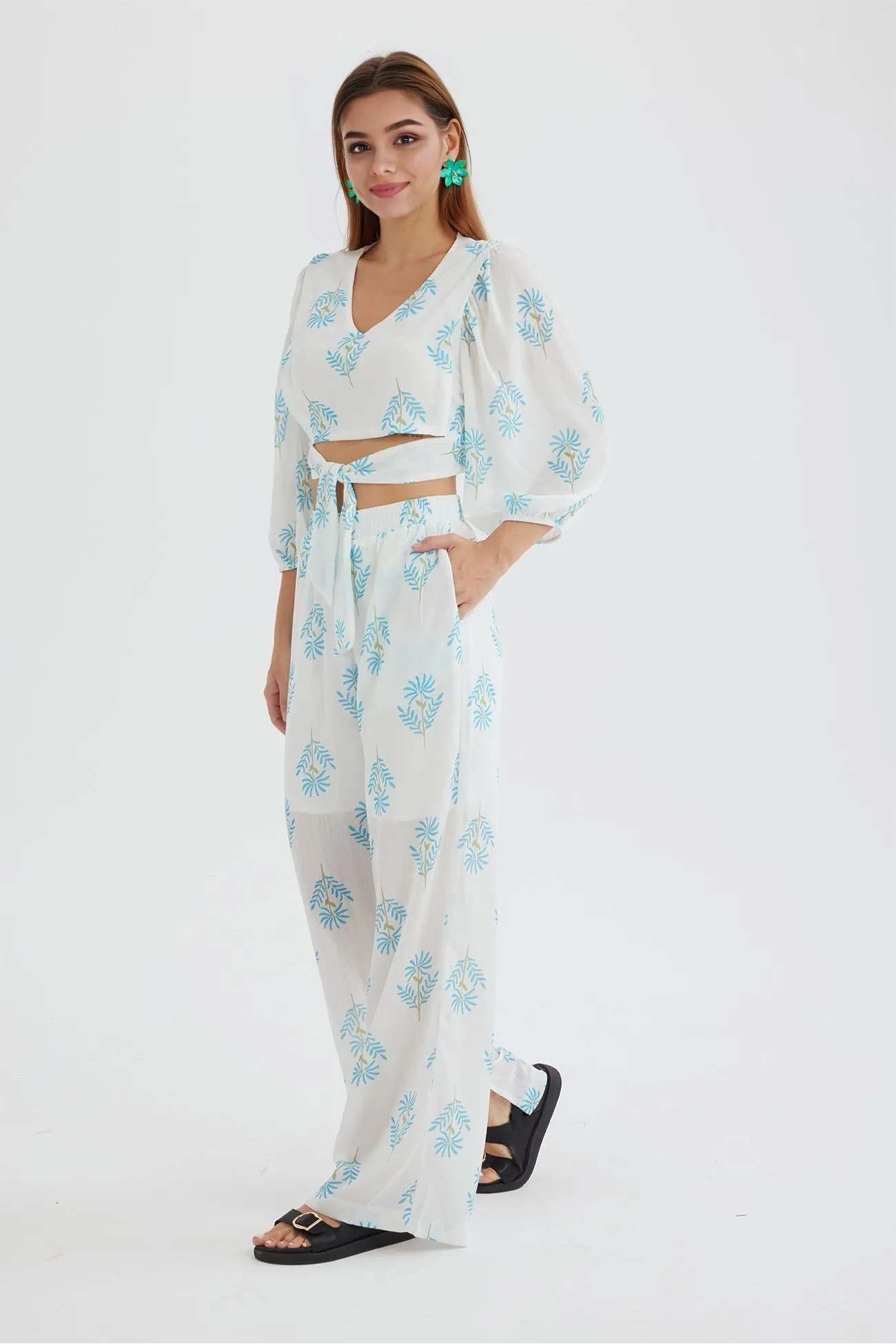 Floral Print Puff Sleeve Knotted-front Tops Long Pants Suits