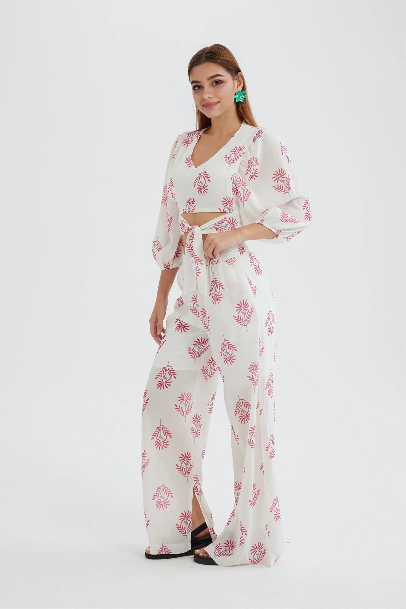 Floral Print Puff Sleeve Knotted-front Tops Long Pants Suits