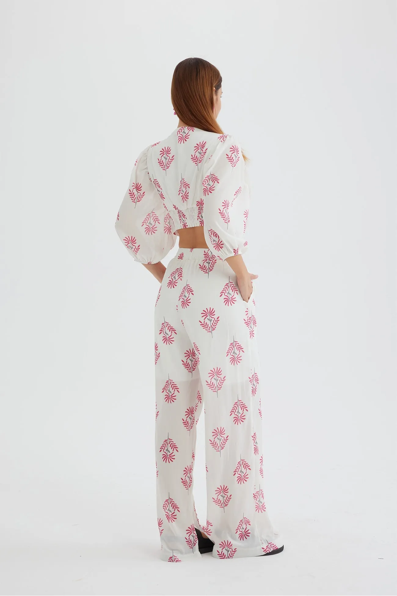 Floral Print Puff Sleeve Knotted-front Tops Long Pants Suits