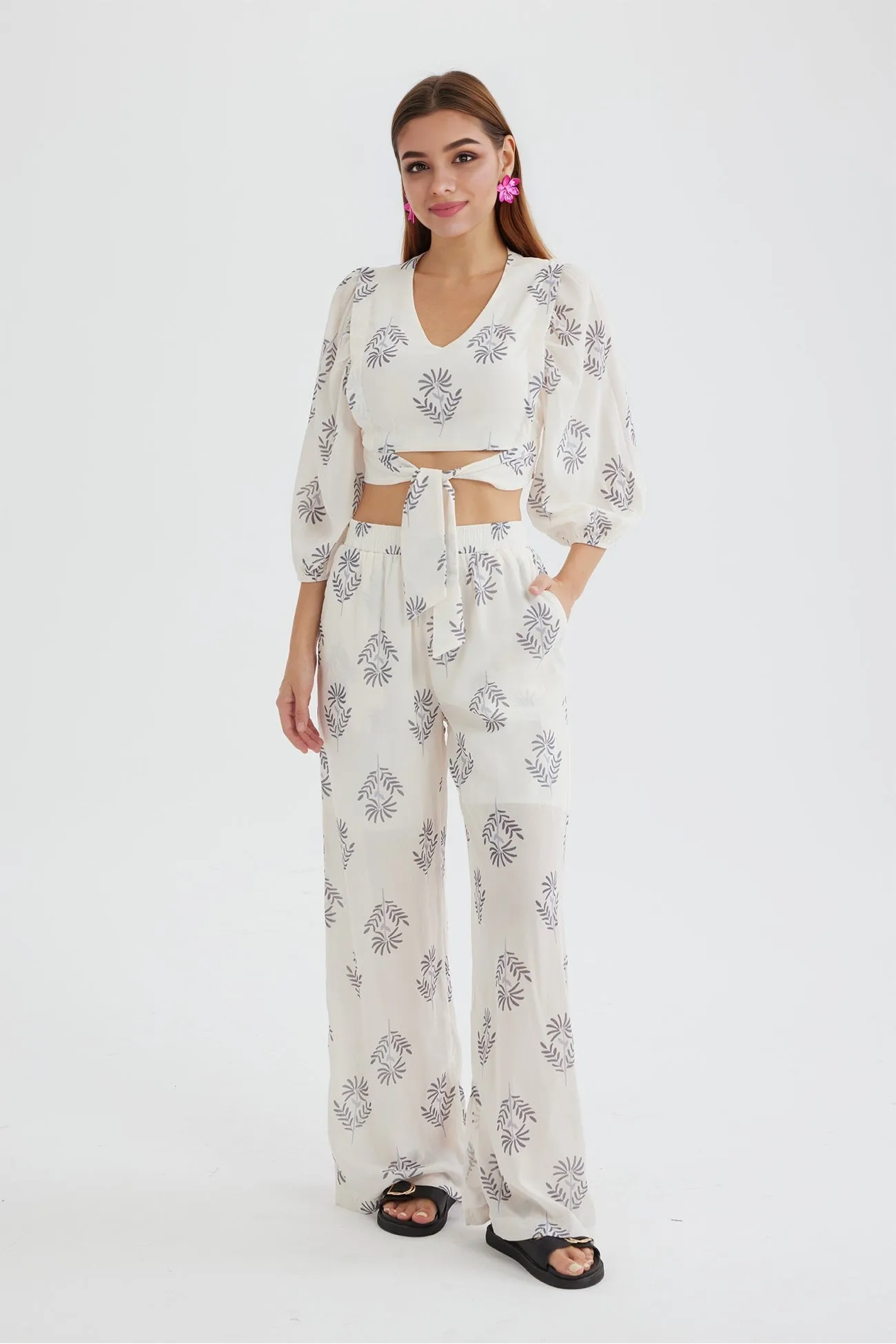 Floral Print Puff Sleeve Knotted-front Tops Long Pants Suits