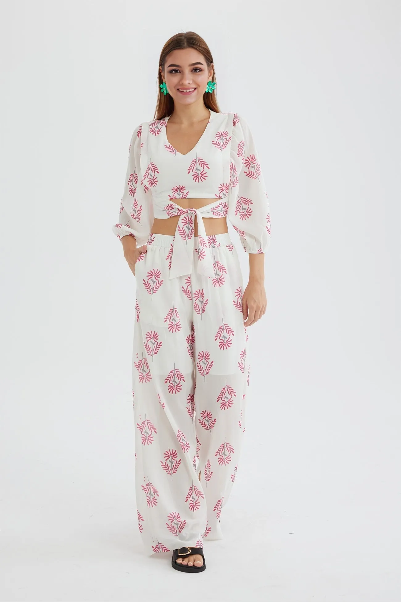 Floral Print Puff Sleeve Knotted-front Tops Long Pants Suits