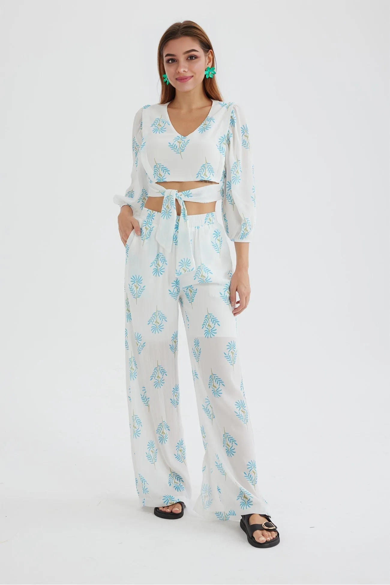 Floral Print Puff Sleeve Knotted-front Tops Long Pants Suits