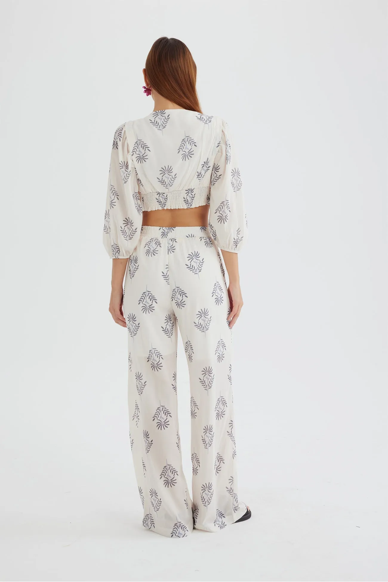 Floral Print Puff Sleeve Knotted-front Tops Long Pants Suits