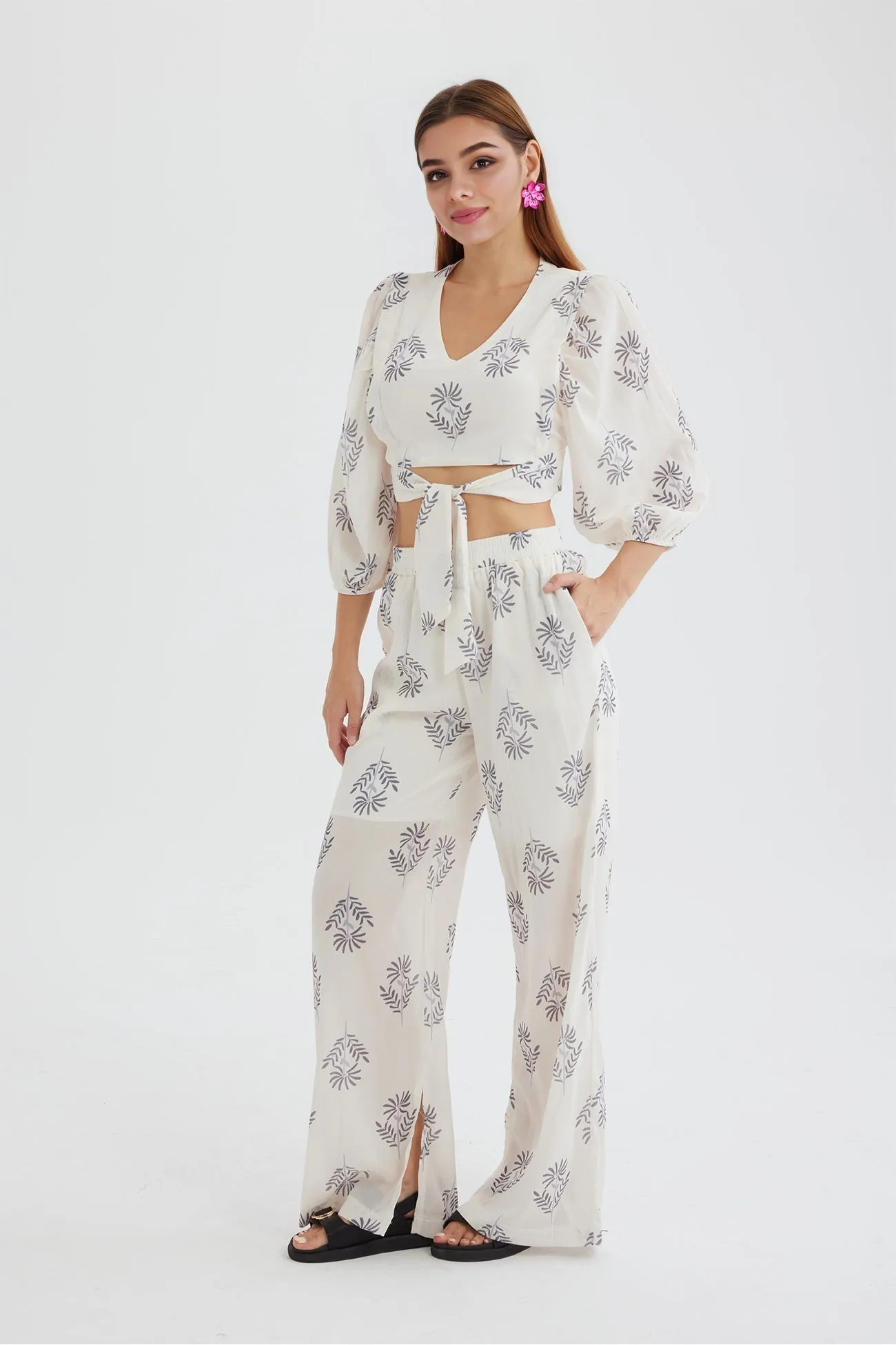 Floral Print Puff Sleeve Knotted-front Tops Long Pants Suits