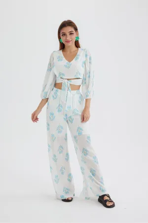 Floral Print Puff Sleeve Knotted-front Tops Long Pants Suits