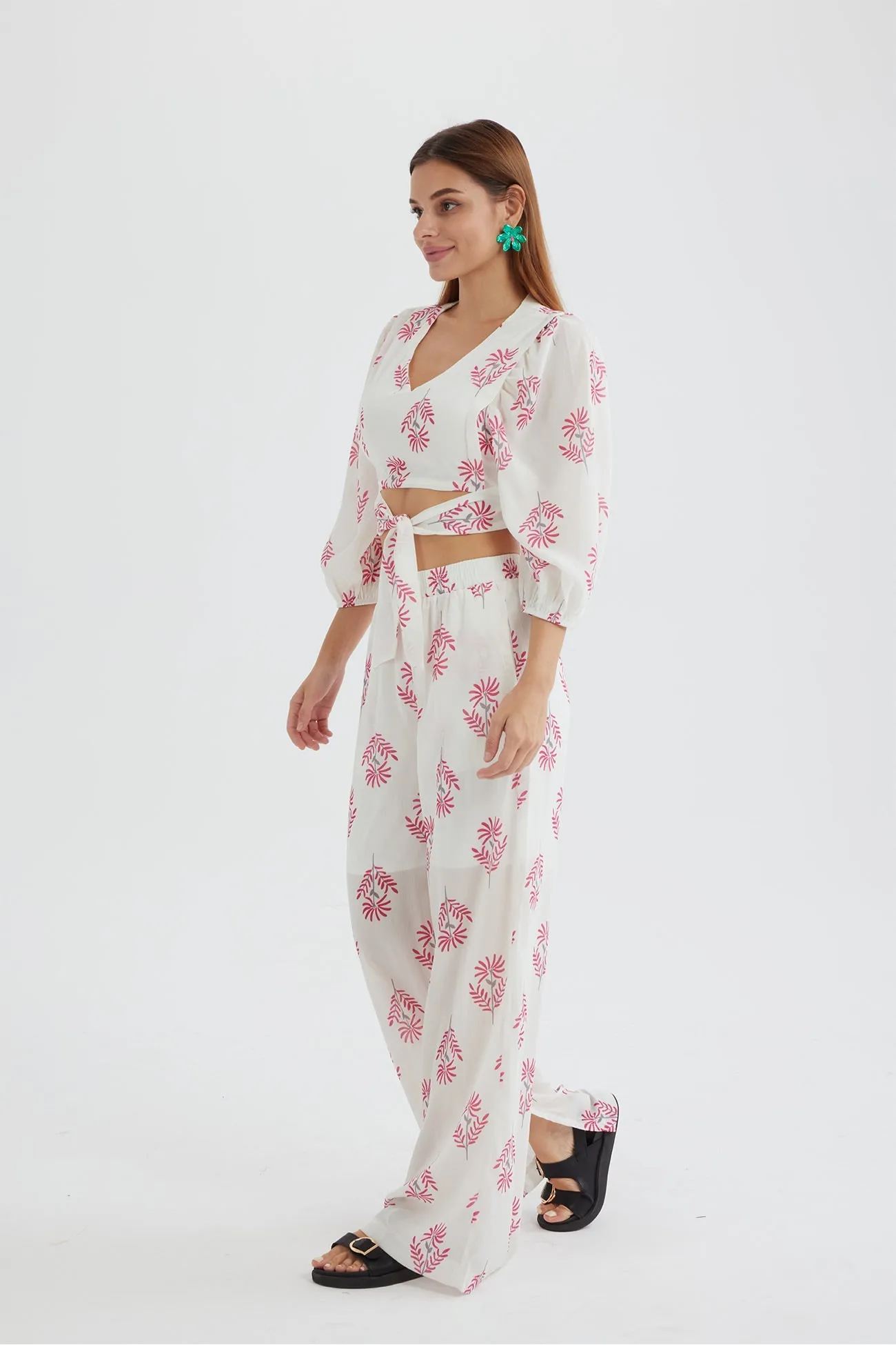 Floral Print Puff Sleeve Knotted-front Tops Long Pants Suits