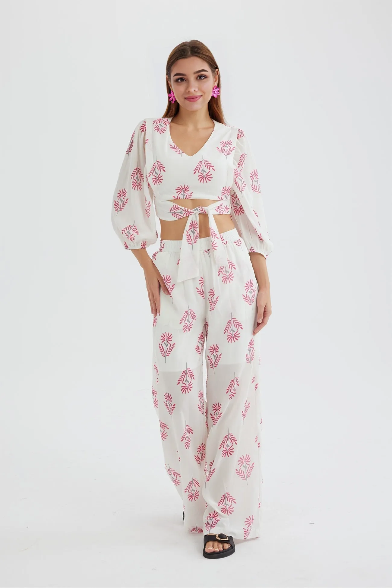 Floral Print Puff Sleeve Knotted-front Tops Long Pants Suits