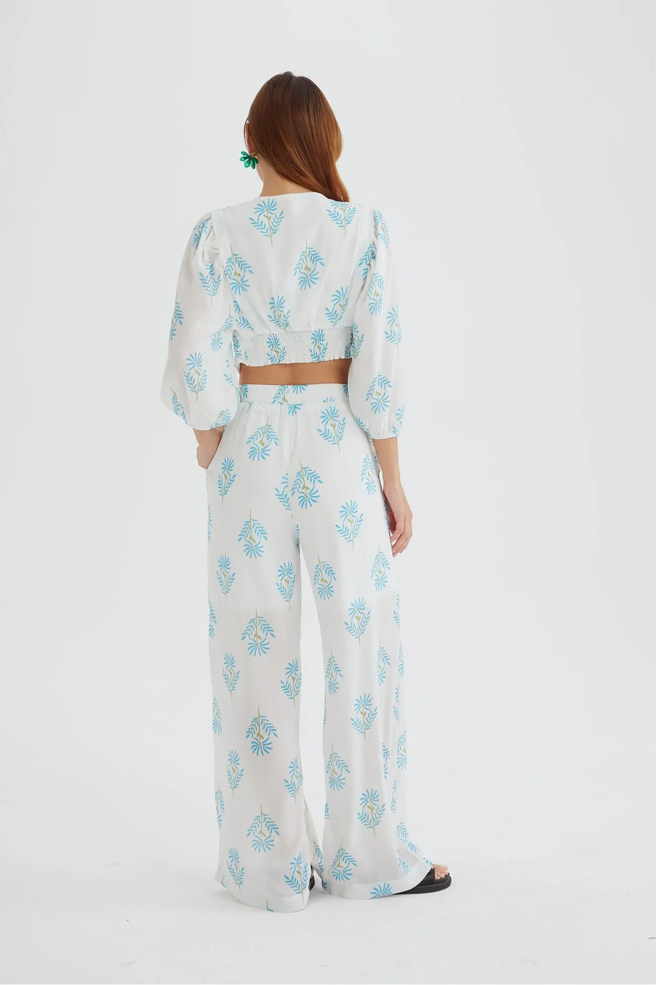 Floral Print Puff Sleeve Knotted-front Tops Long Pants Suits