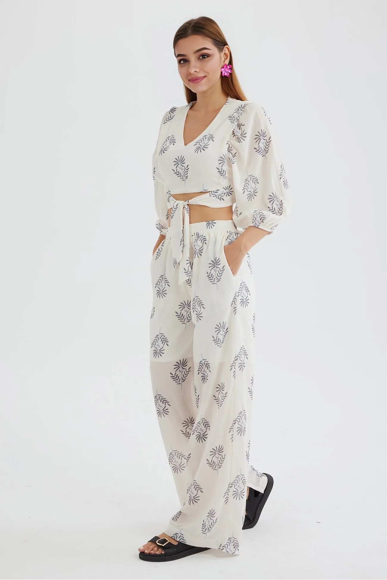 Floral Print Puff Sleeve Knotted-front Tops Long Pants Suits