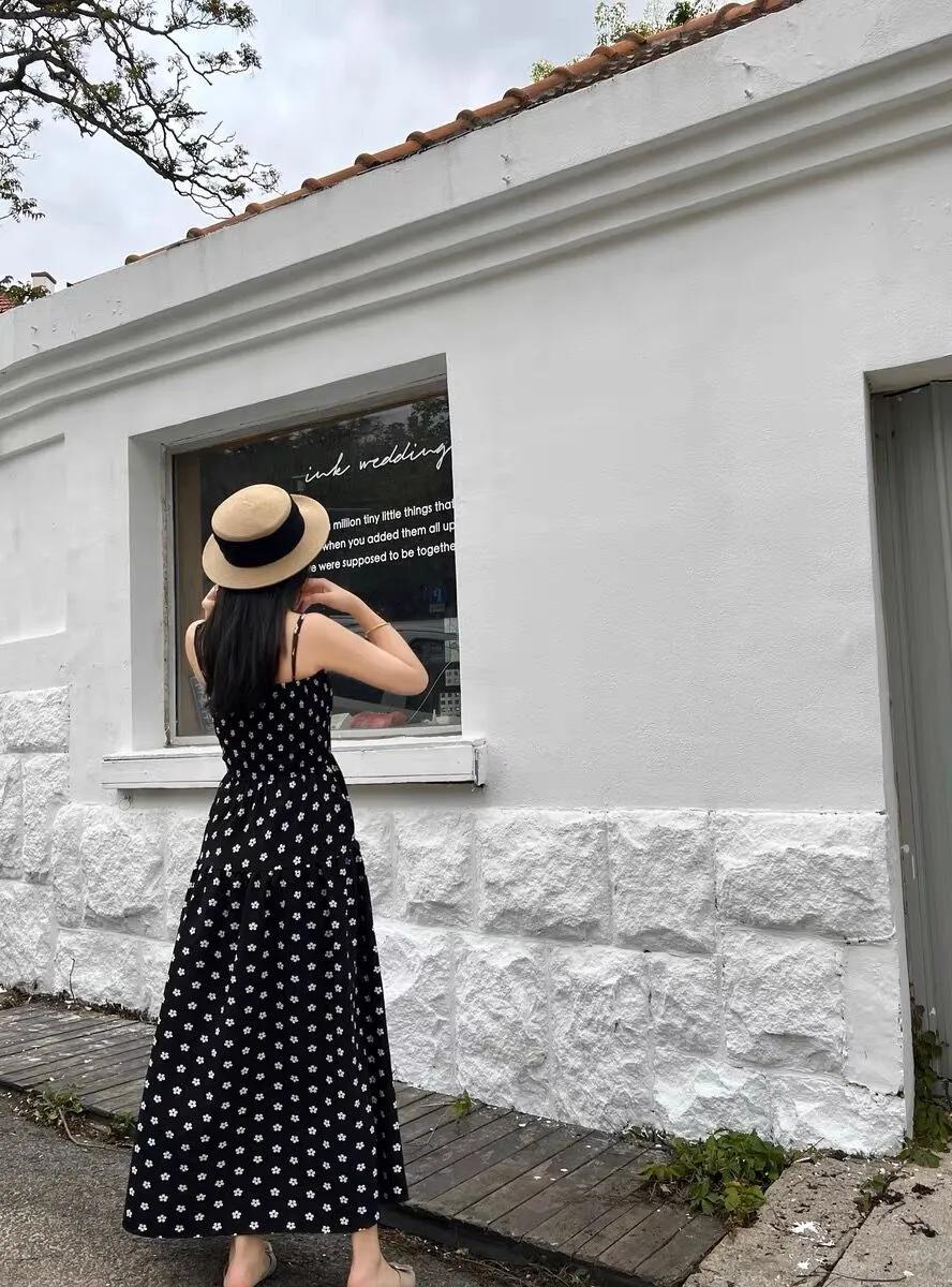 French Style Black Floral Summer Maxi Dress