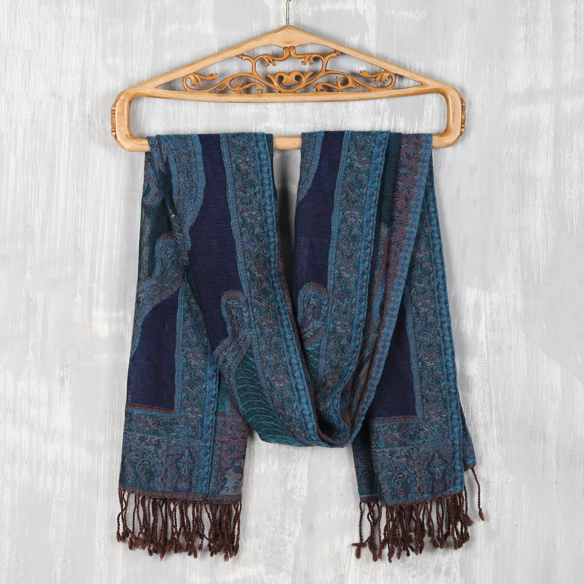 Fringed Jacquard Wool Shawl - Paisley Underground | NOVICA