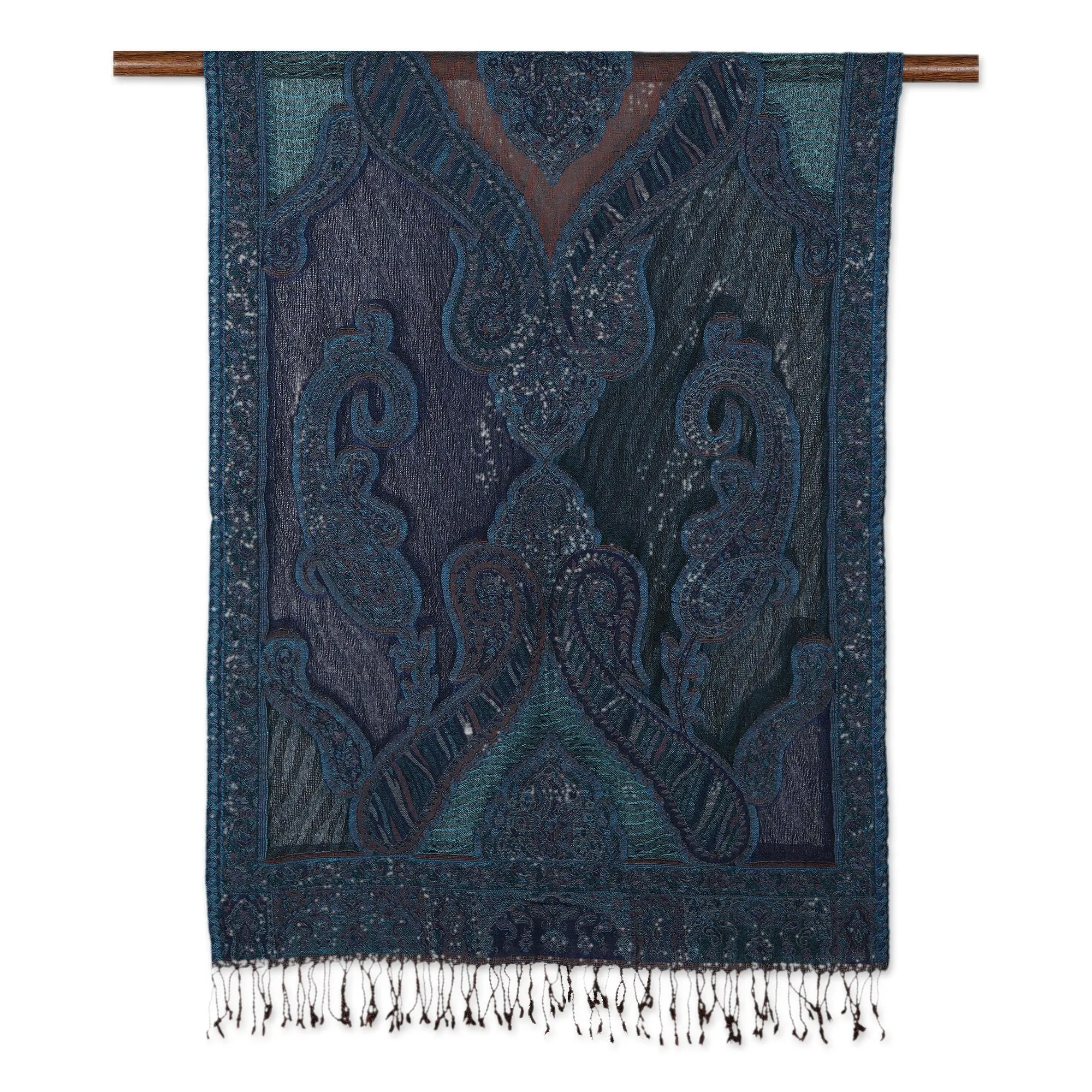 Fringed Jacquard Wool Shawl - Paisley Underground | NOVICA