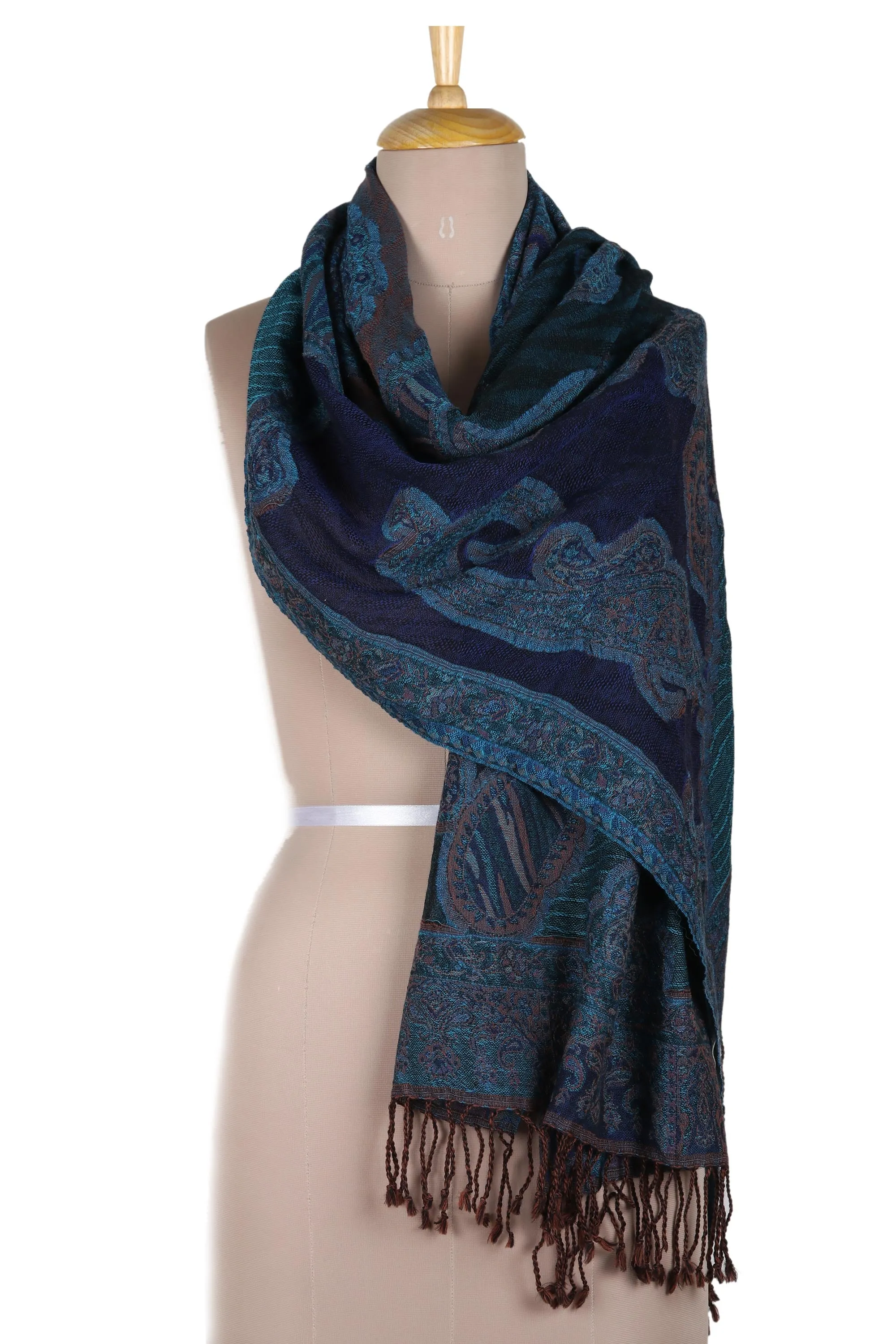 Fringed Jacquard Wool Shawl - Paisley Underground | NOVICA