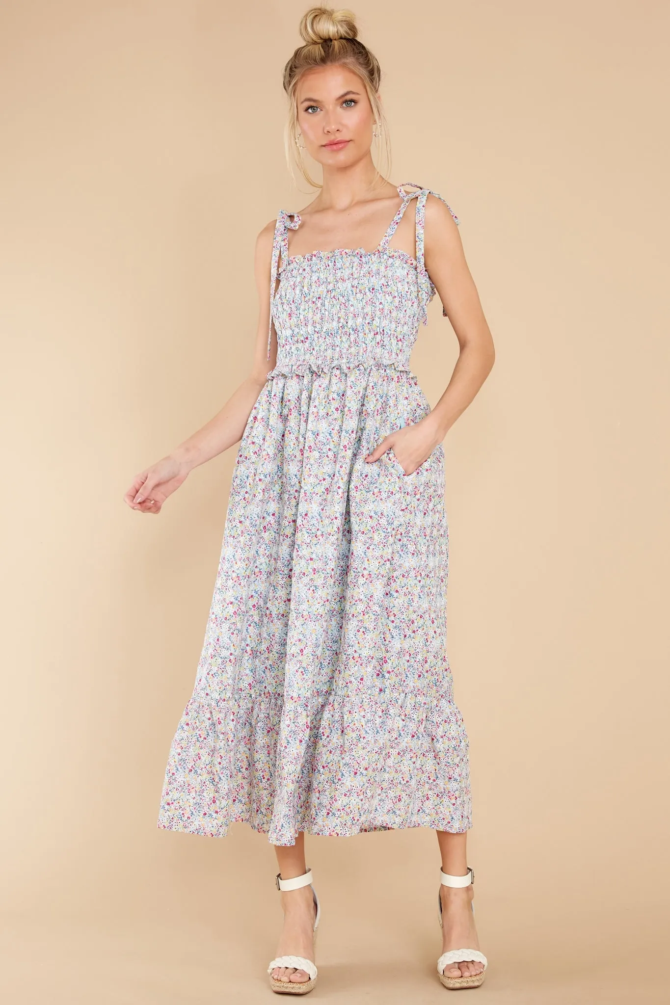 Gentle Greetings Powder Blue Multi Floral Print Midi Dress