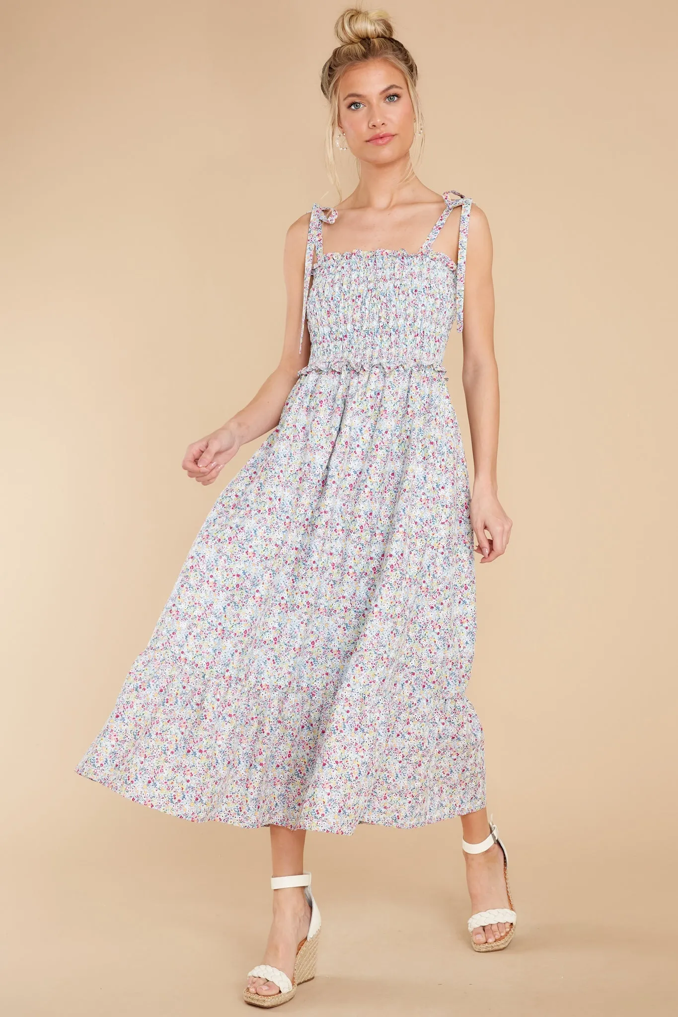 Gentle Greetings Powder Blue Multi Floral Print Midi Dress