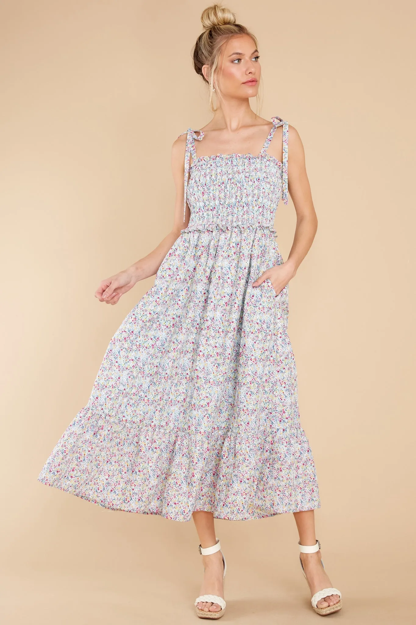 Gentle Greetings Powder Blue Multi Floral Print Midi Dress