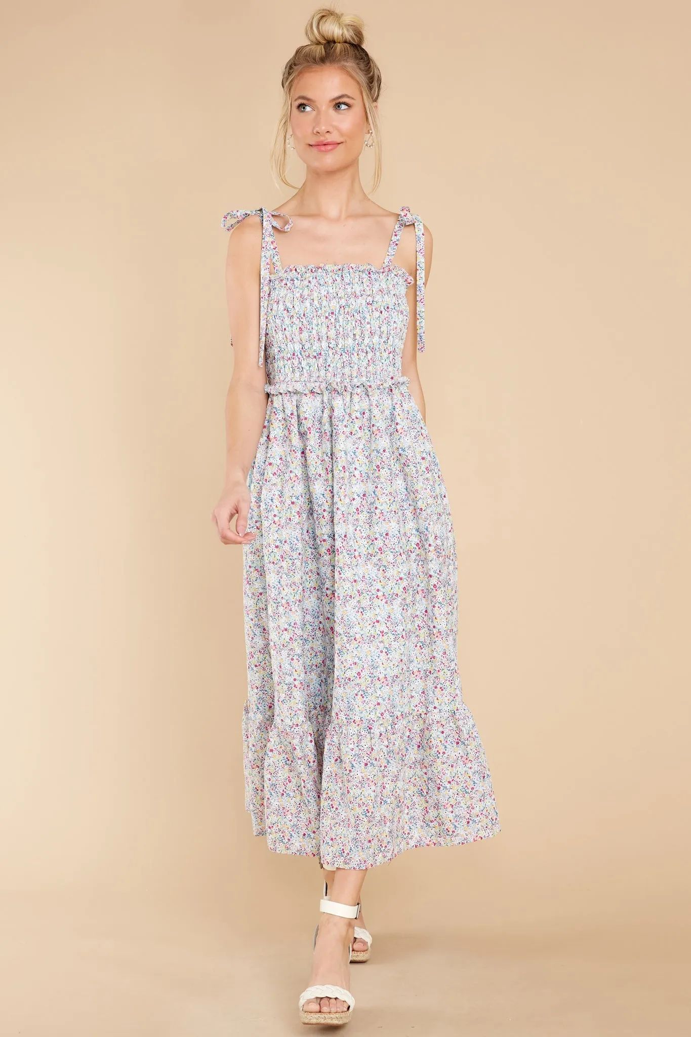 Gentle Greetings Powder Blue Multi Floral Print Midi Dress