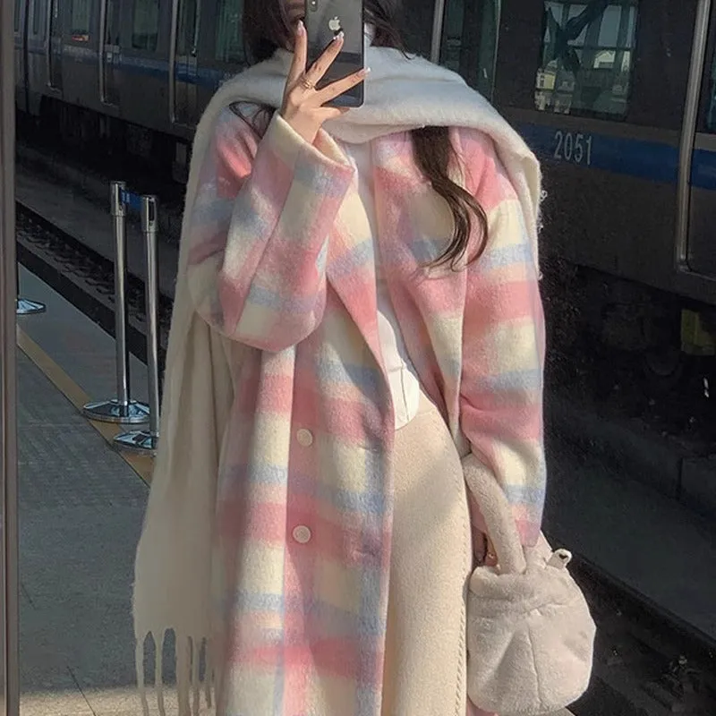 Girlary-shop cold weather outfits Pink Plaid Woolen Overcoat for Women 2024 Spring and Autumn New Korean Style Mid-Length Woolen Overcoat for Women