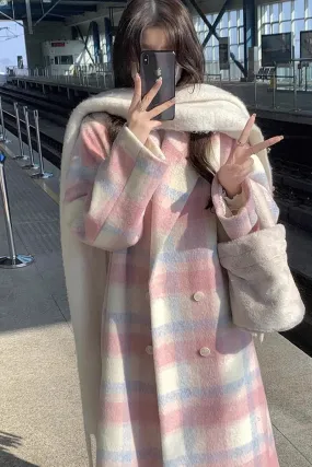 Girlary-shop cold weather outfits Pink Plaid Woolen Overcoat for Women 2024 Spring and Autumn New Korean Style Mid-Length Woolen Overcoat for Women