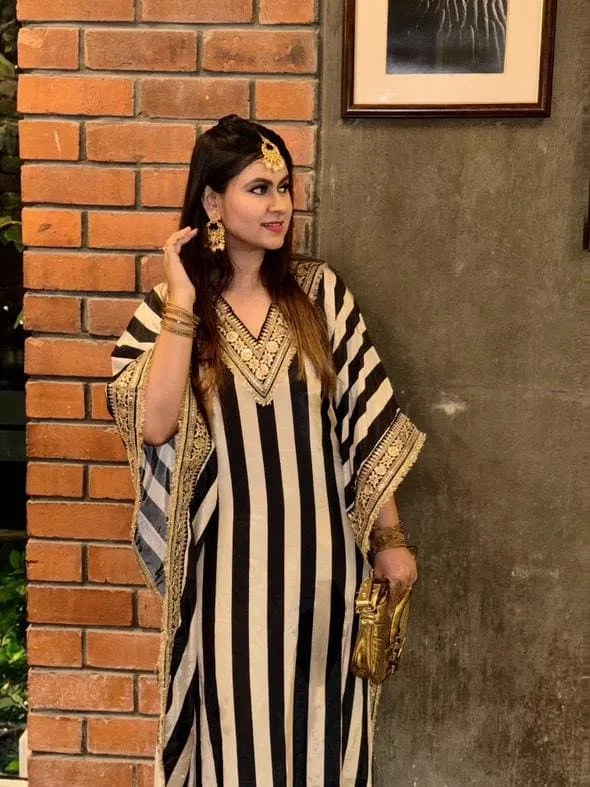 Gold Black Striped Kaftan Set