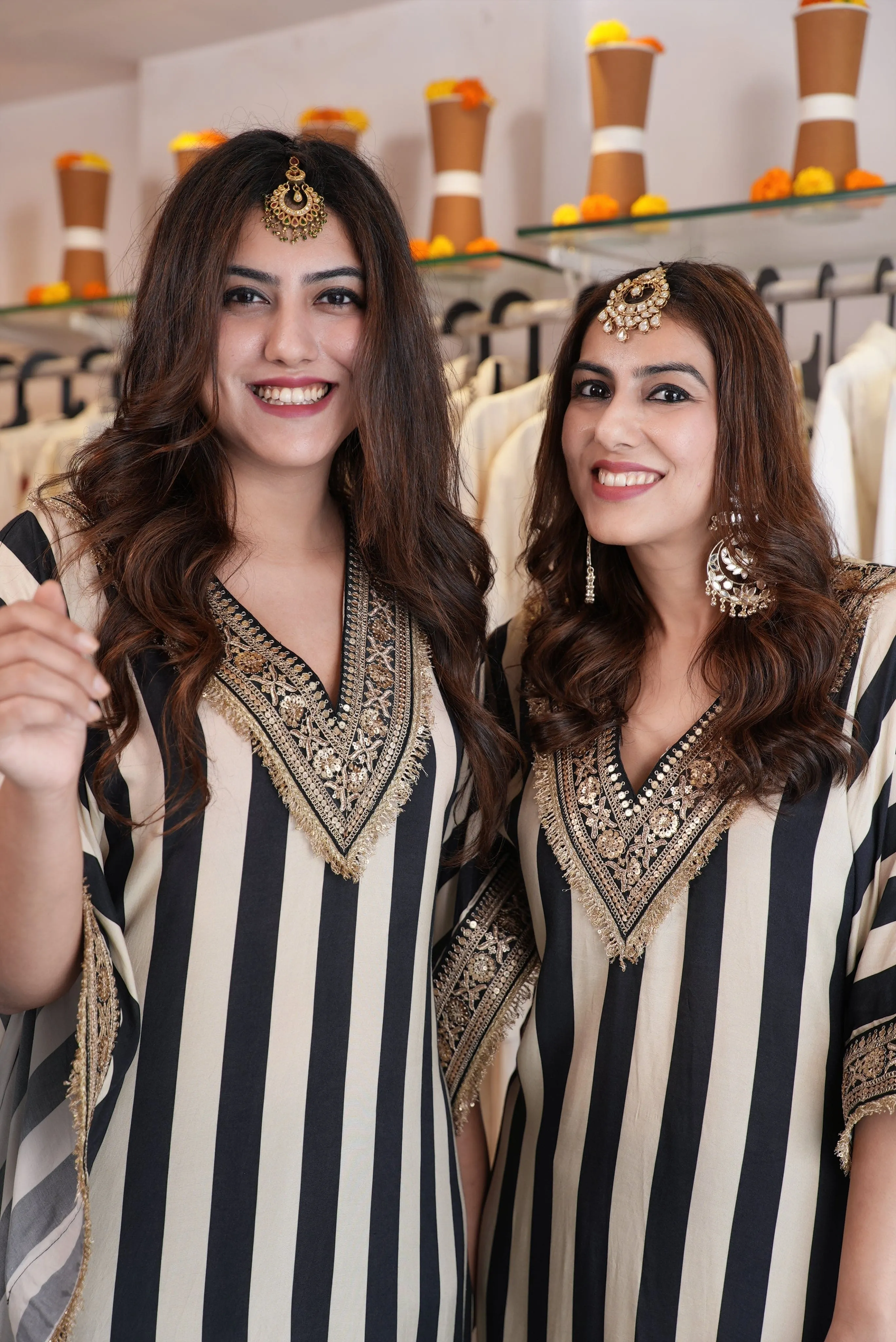 Gold Black Striped Kaftan Set