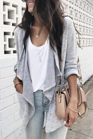 Gray Drape Front Knit Jacket