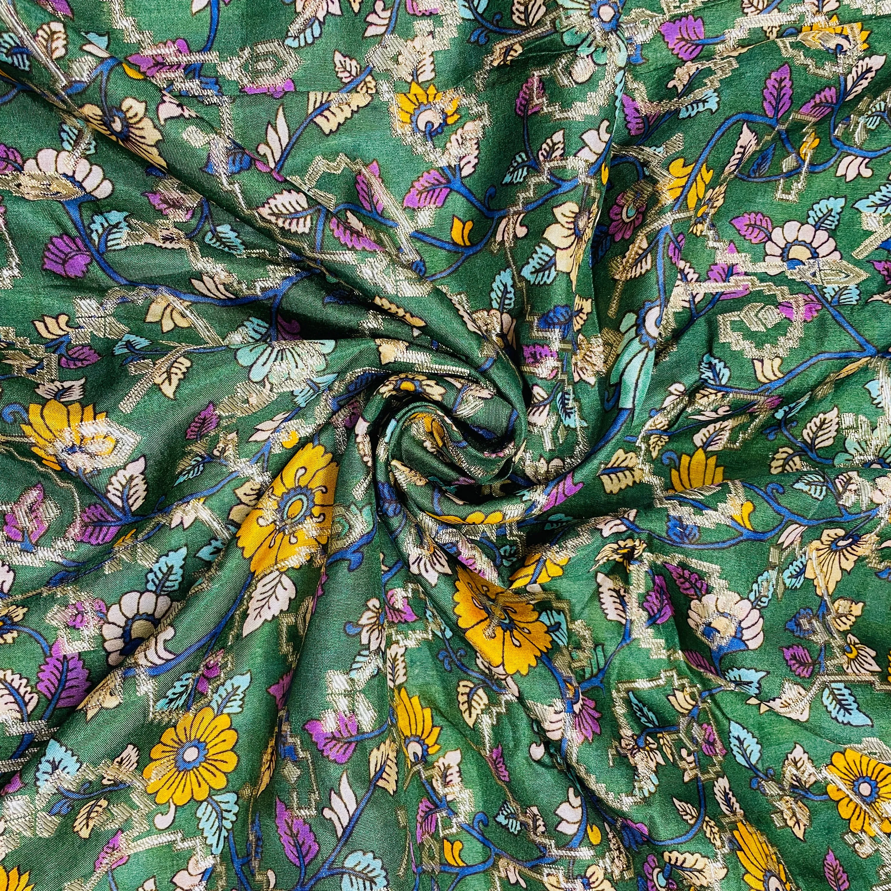 Green Madhubani Print Dola Silk Jacquard Fabric 10