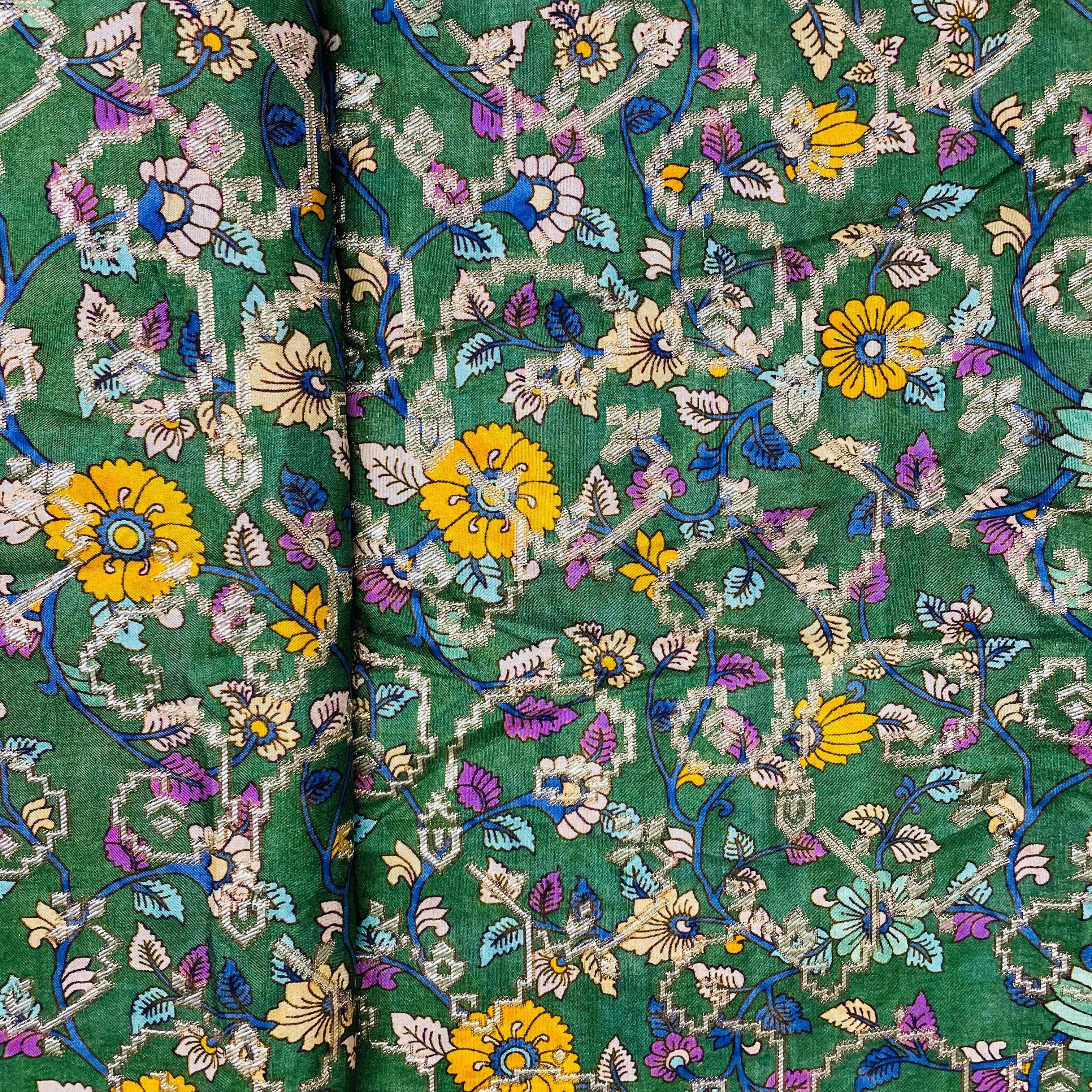 Green Madhubani Print Dola Silk Jacquard Fabric 10