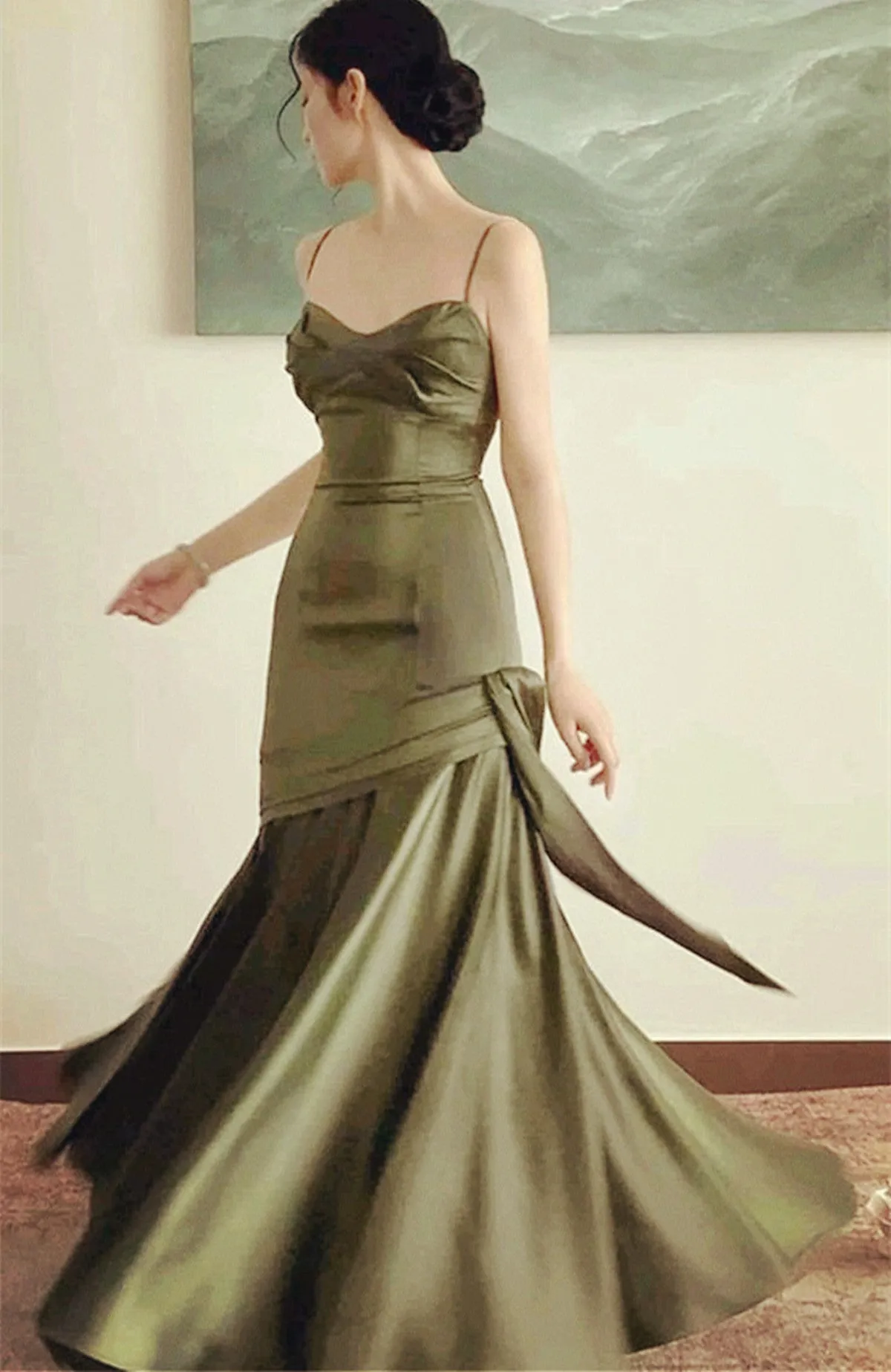 Green Satin Mermaid Long Sweetheart Evening Dress, Green Prom Dress