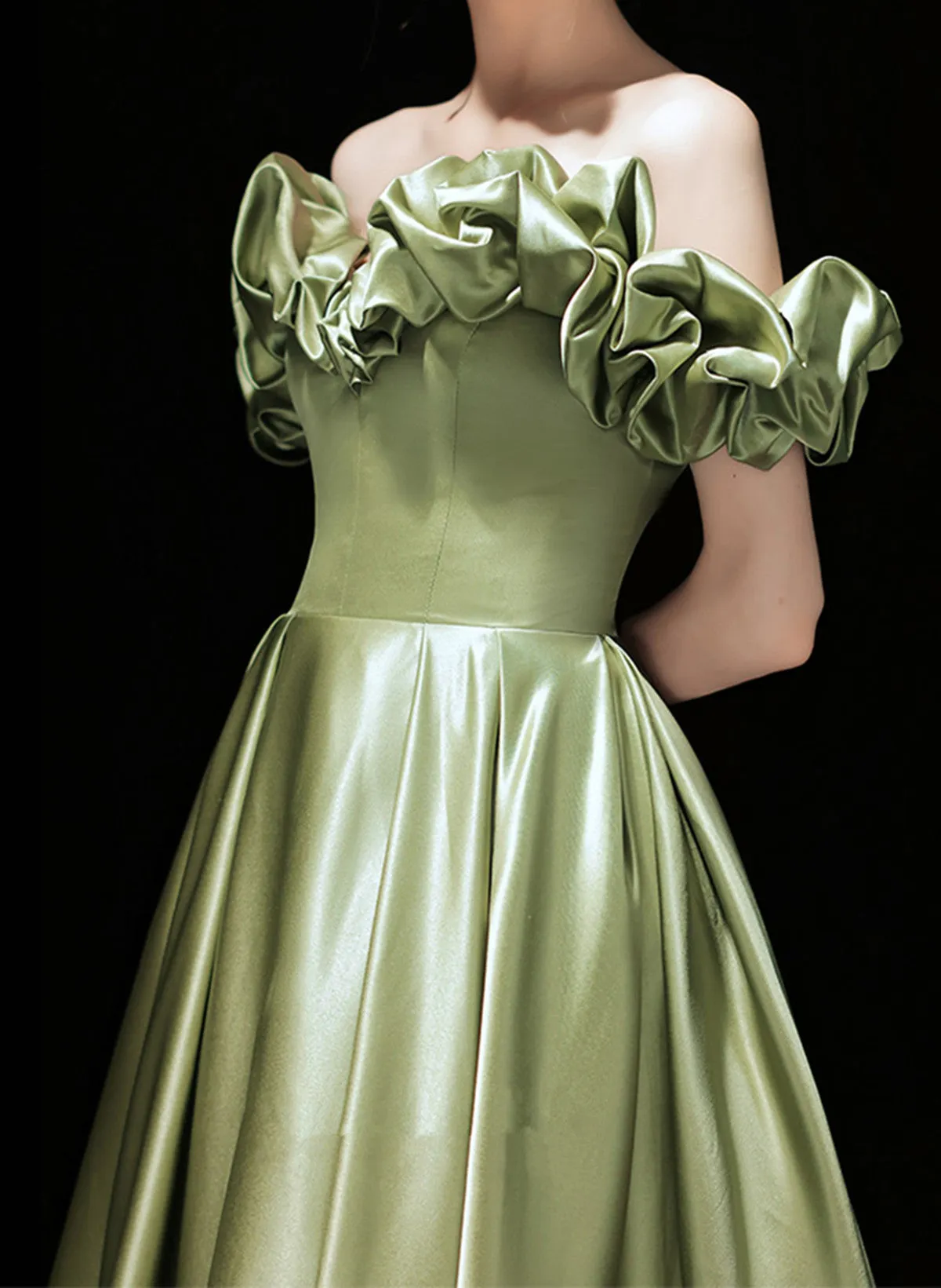 Green Satin Off Shoulder Long Evening Dress, Green Prom Dress Party Dress