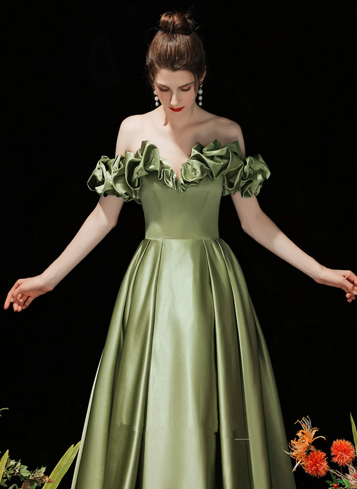 Green Satin Off Shoulder Long Evening Dress, Green Prom Dress Party Dress