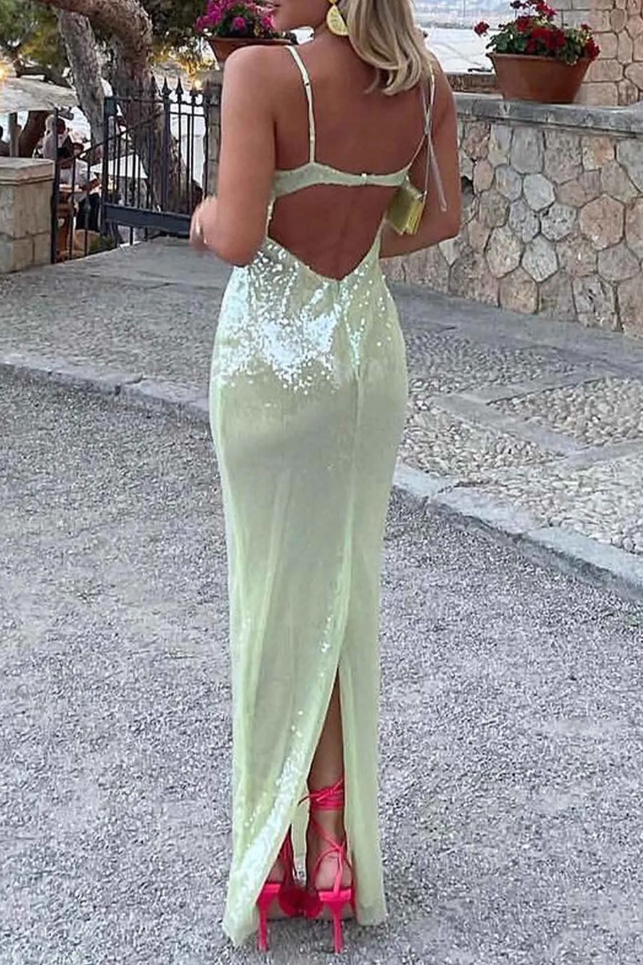 Green Sequin Backless Bodycon Cami Dress