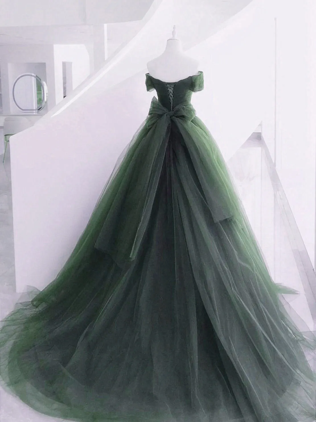 Green Short Sleeves Sweetheart Tulle Long Party Dress, Green Tulle Prom Dress