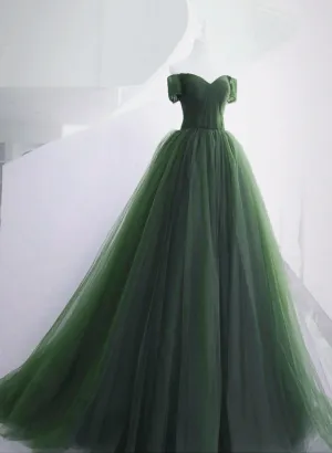 Green Short Sleeves Sweetheart Tulle Long Party Dress, Green Tulle Prom Dress