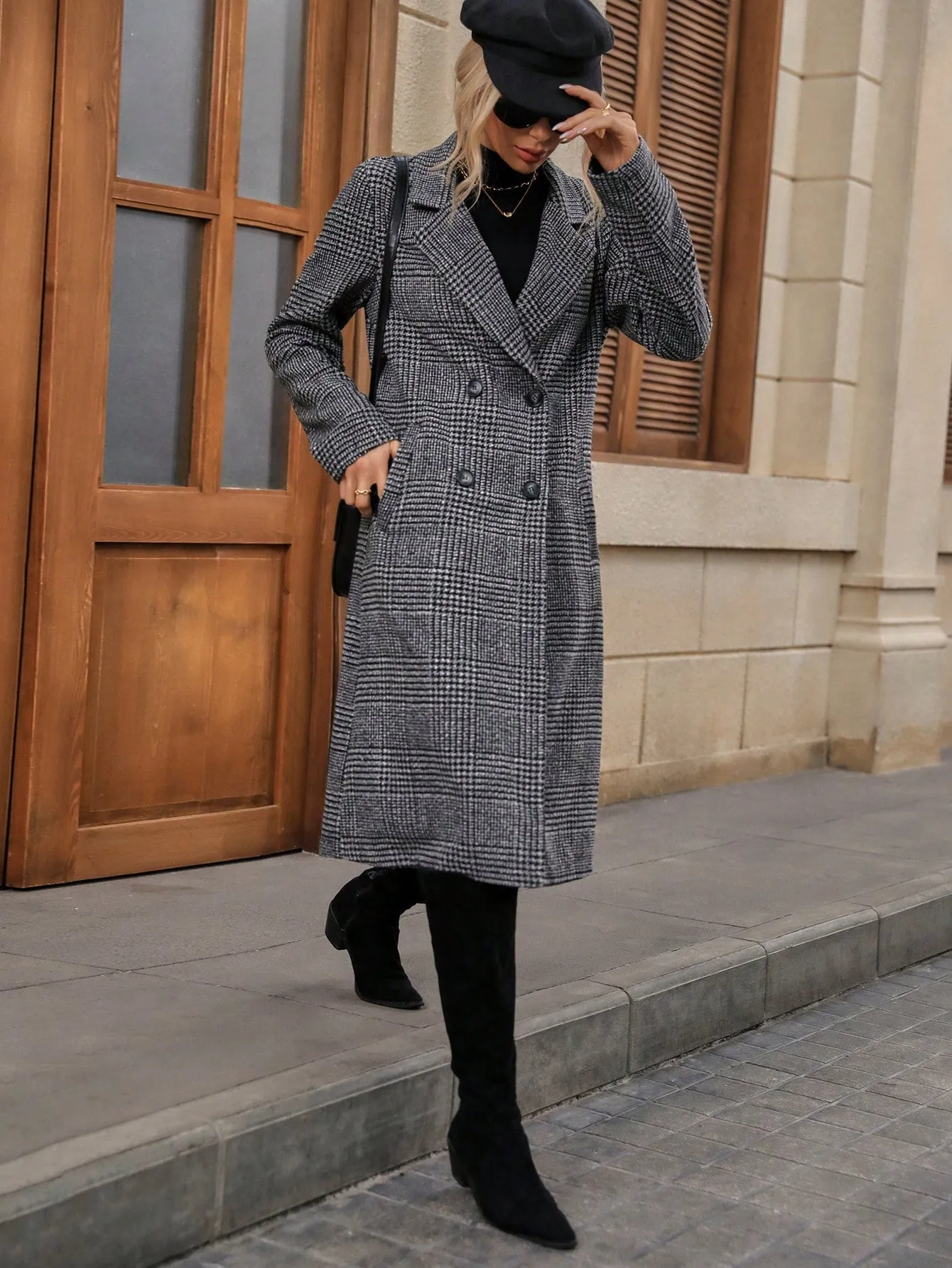 Grey Plaid Print Double Breasted Lapel Overcoat