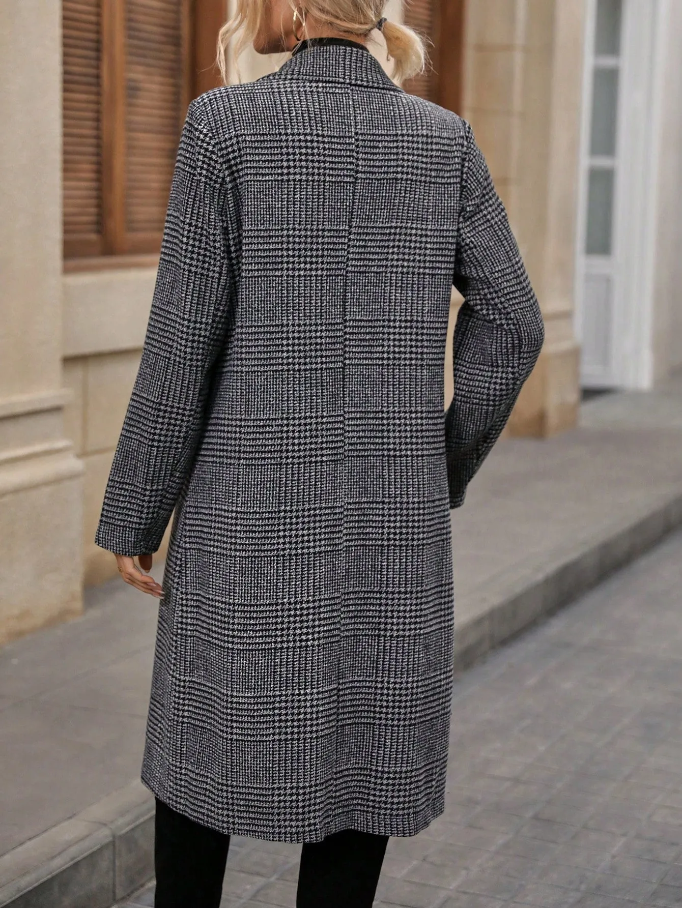 Grey Plaid Print Double Breasted Lapel Overcoat