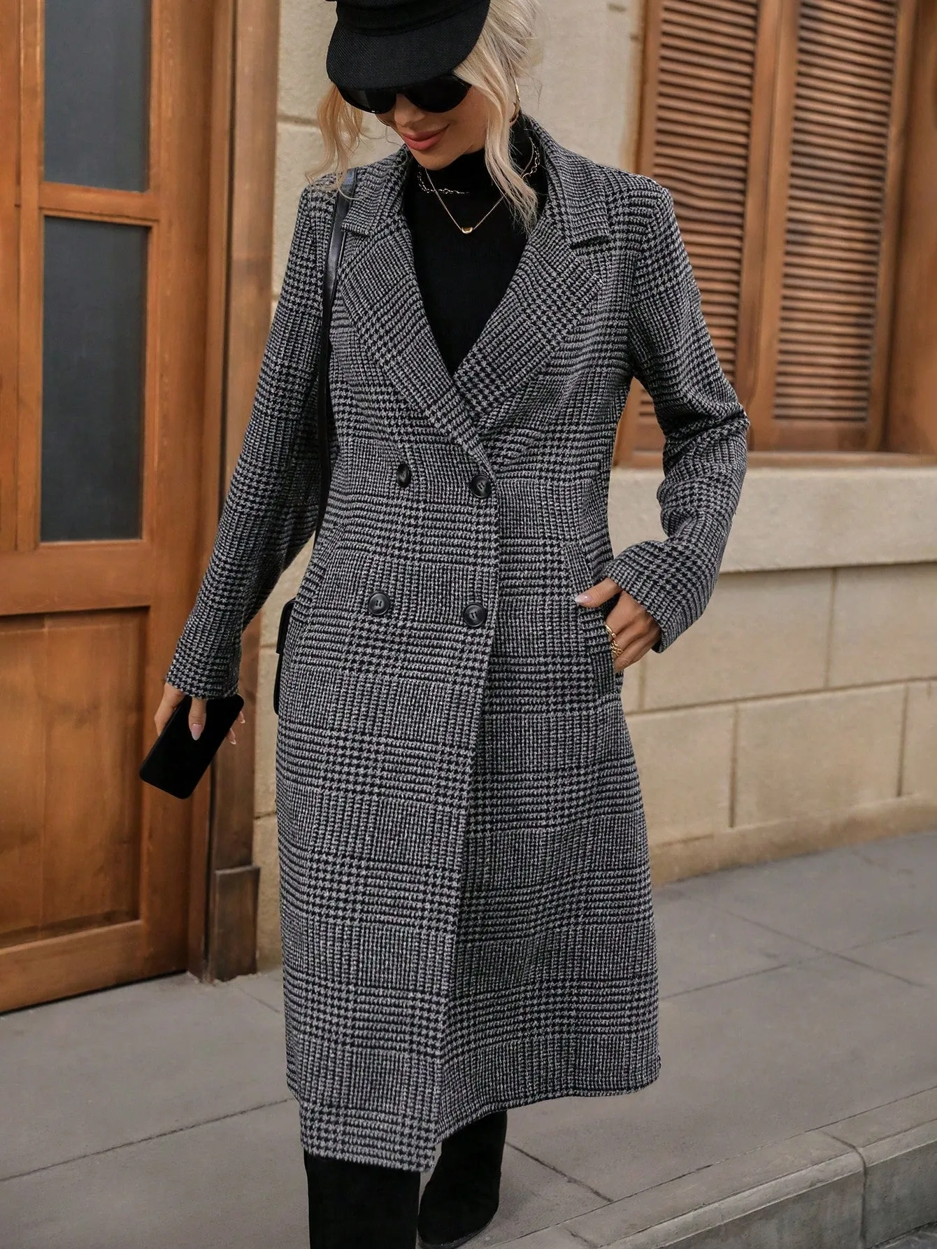 Grey Plaid Print Double Breasted Lapel Overcoat