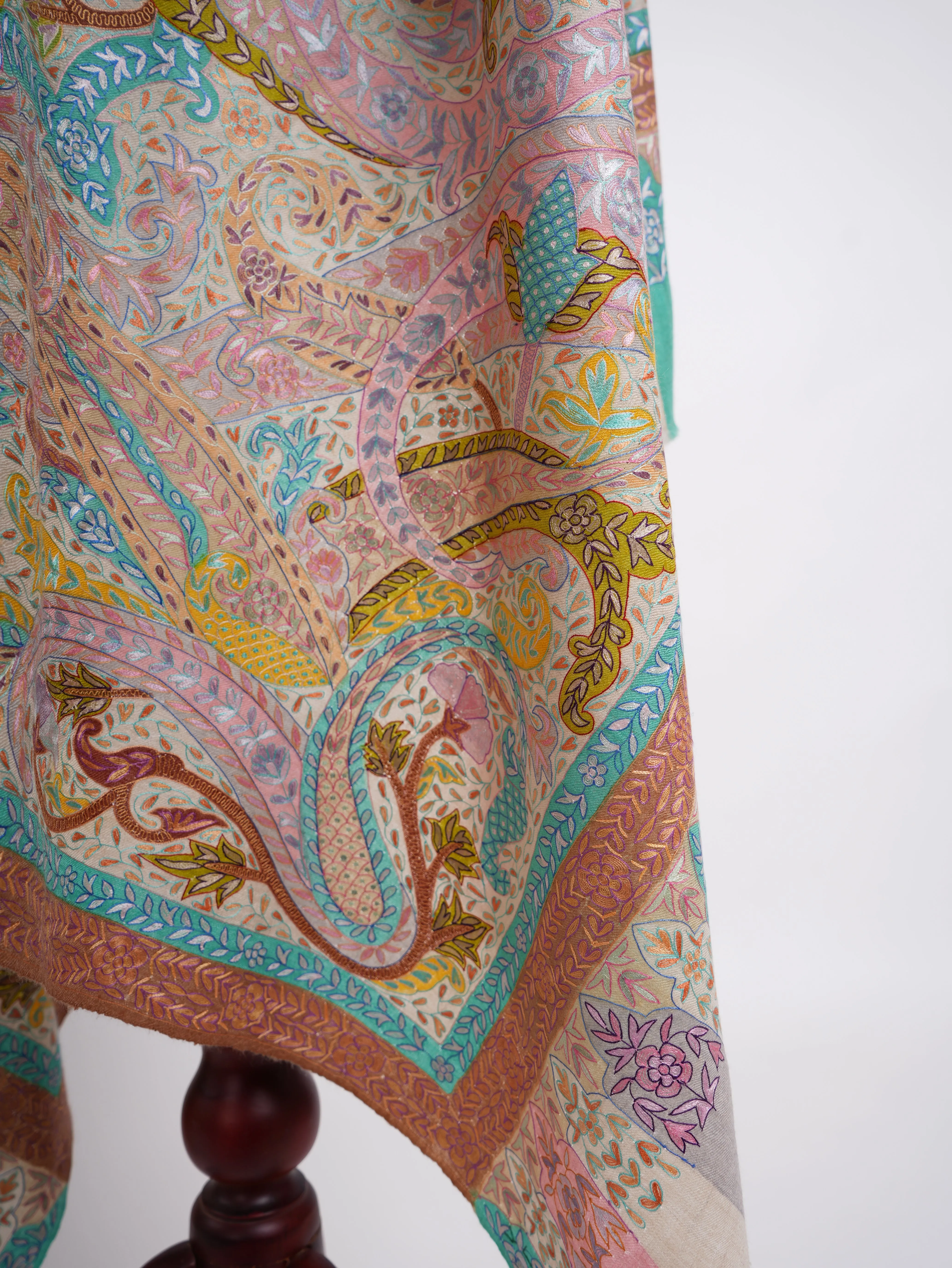 Hand Embroidered Pastel Bridal Kalamkari Pashmina Shawl