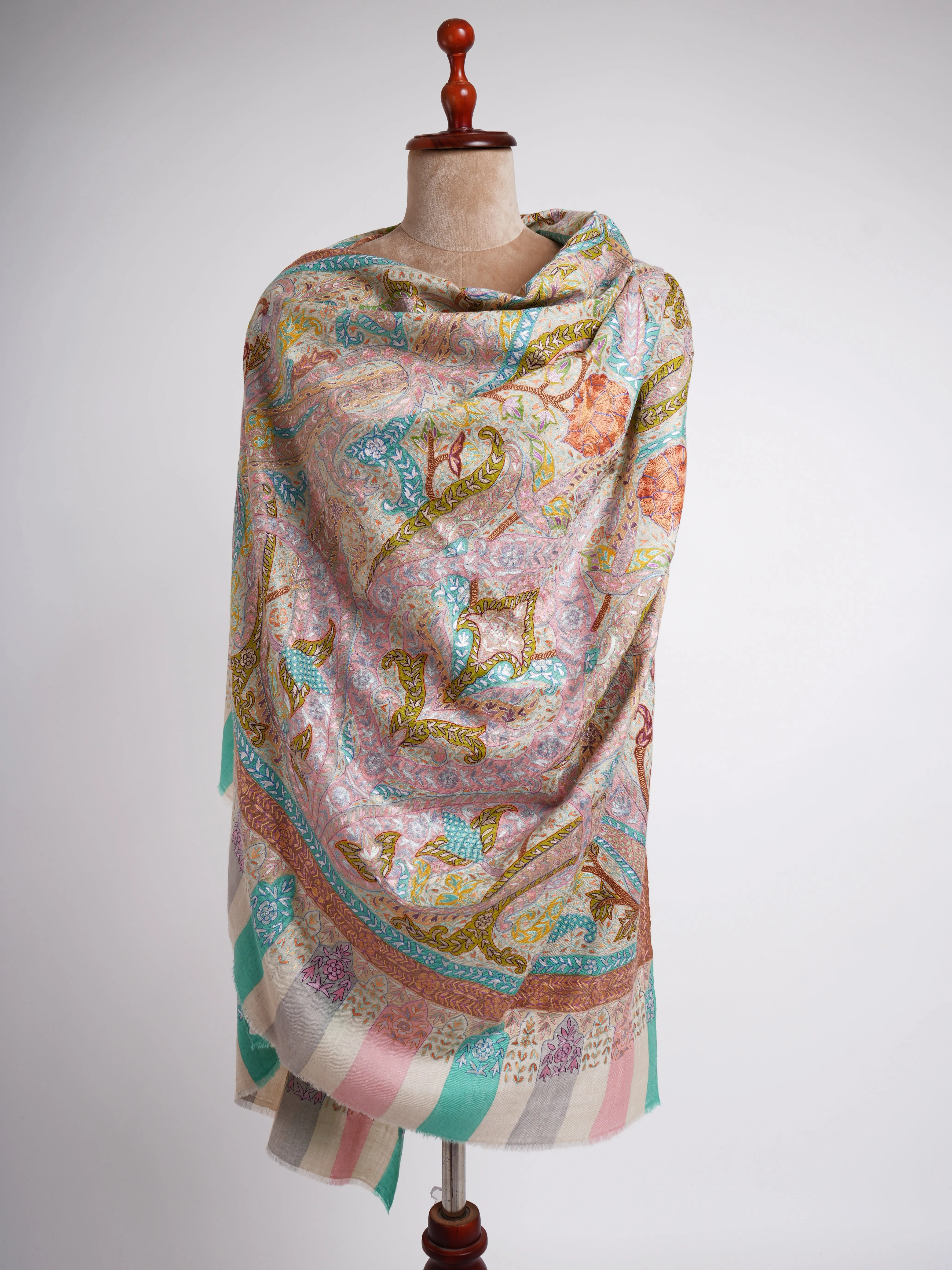 Hand Embroidered Pastel Bridal Kalamkari Pashmina Shawl