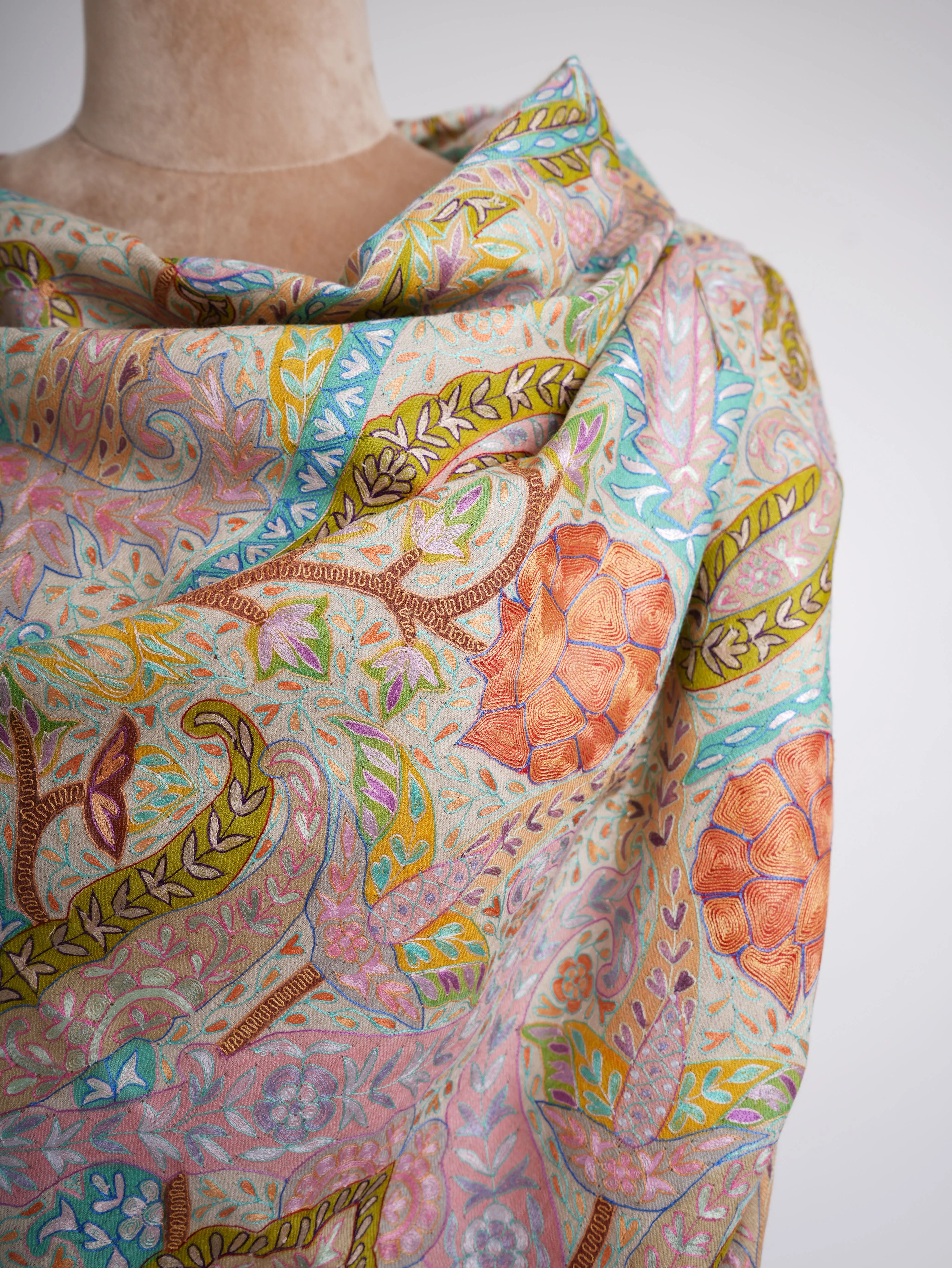 Hand Embroidered Pastel Bridal Kalamkari Pashmina Shawl