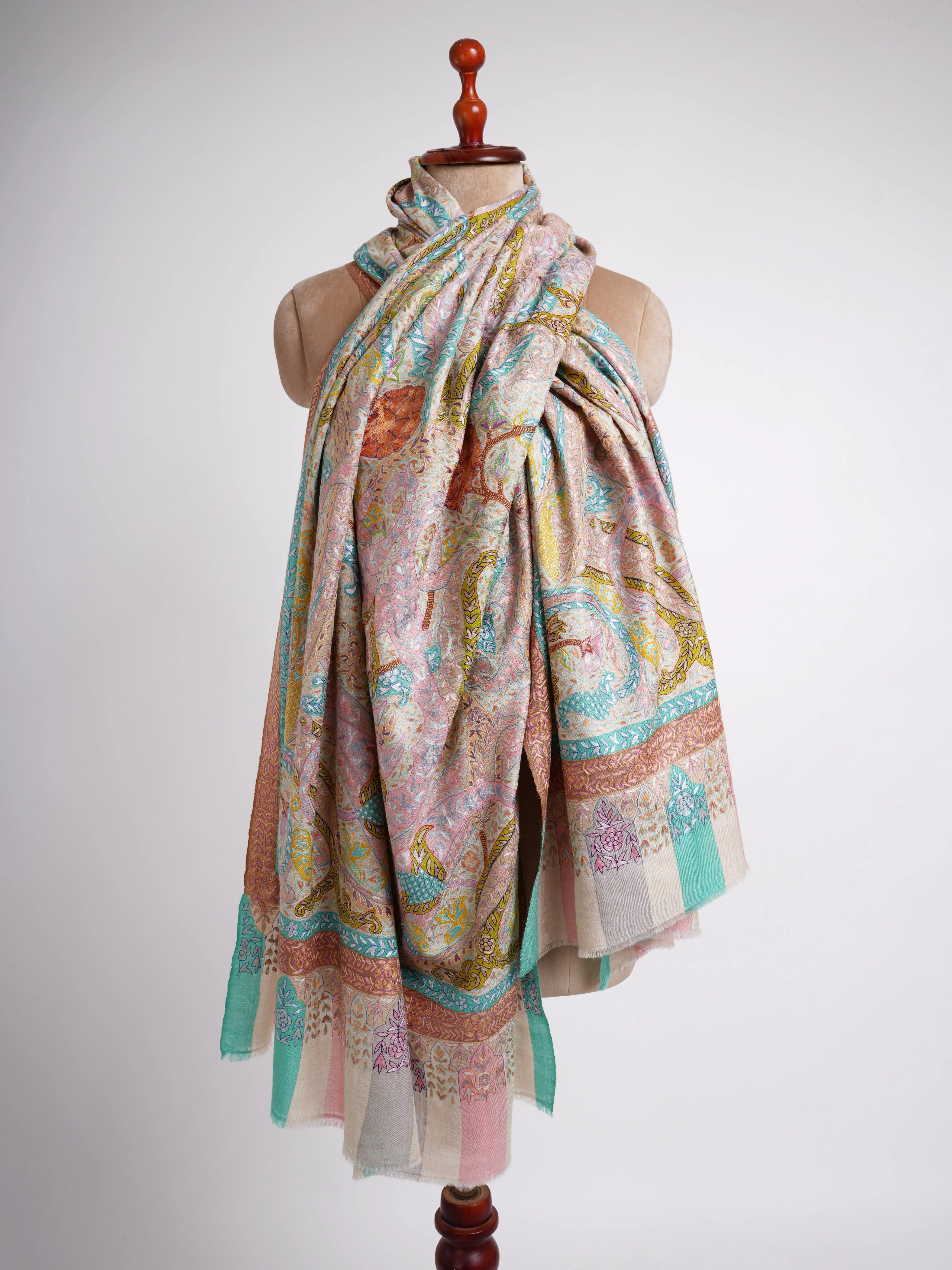 Hand Embroidered Pastel Bridal Kalamkari Pashmina Shawl