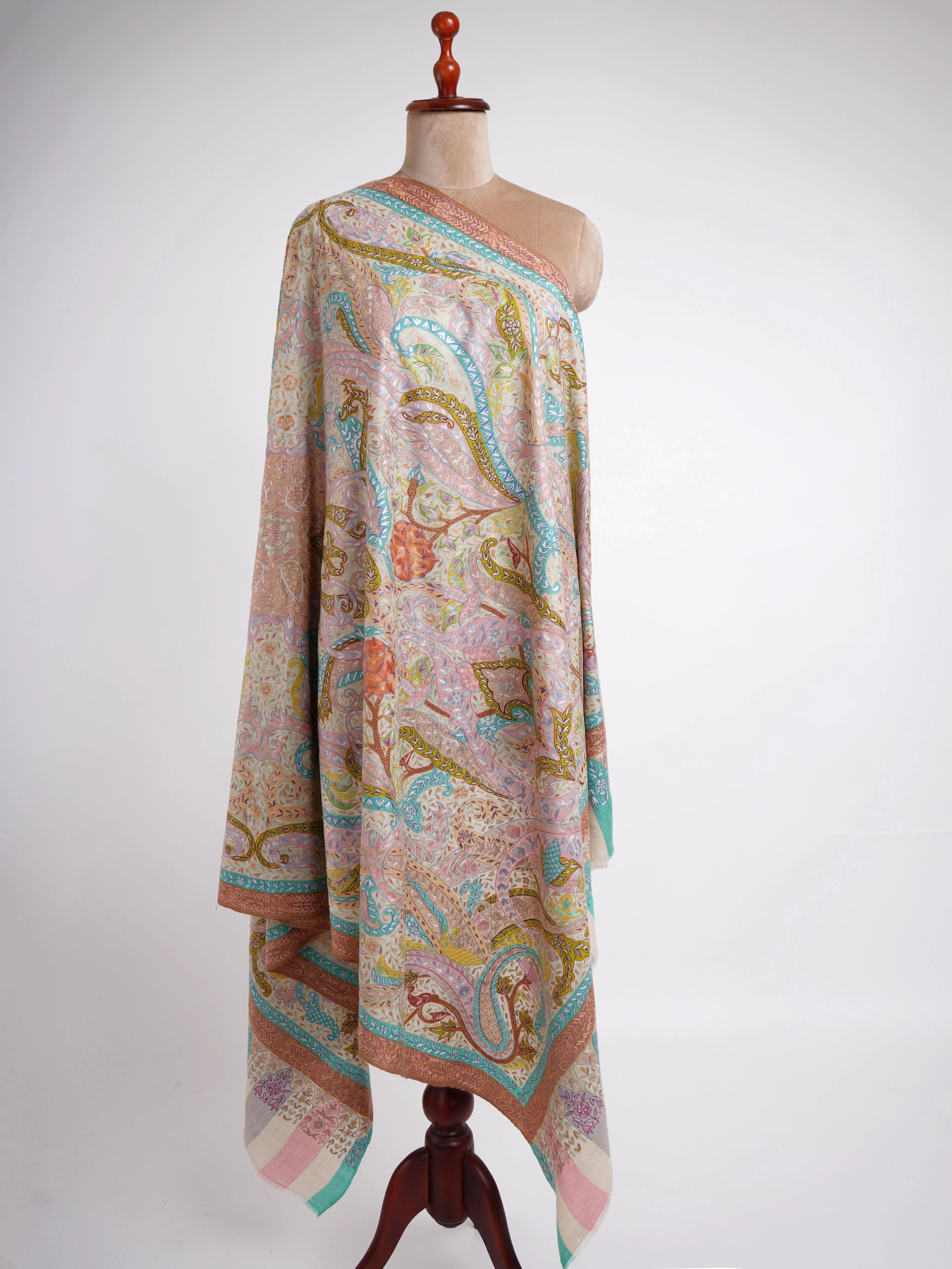 Hand Embroidered Pastel Bridal Kalamkari Pashmina Shawl