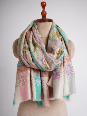 Hand Embroidered Pastel Bridal Kalamkari Pashmina Shawl