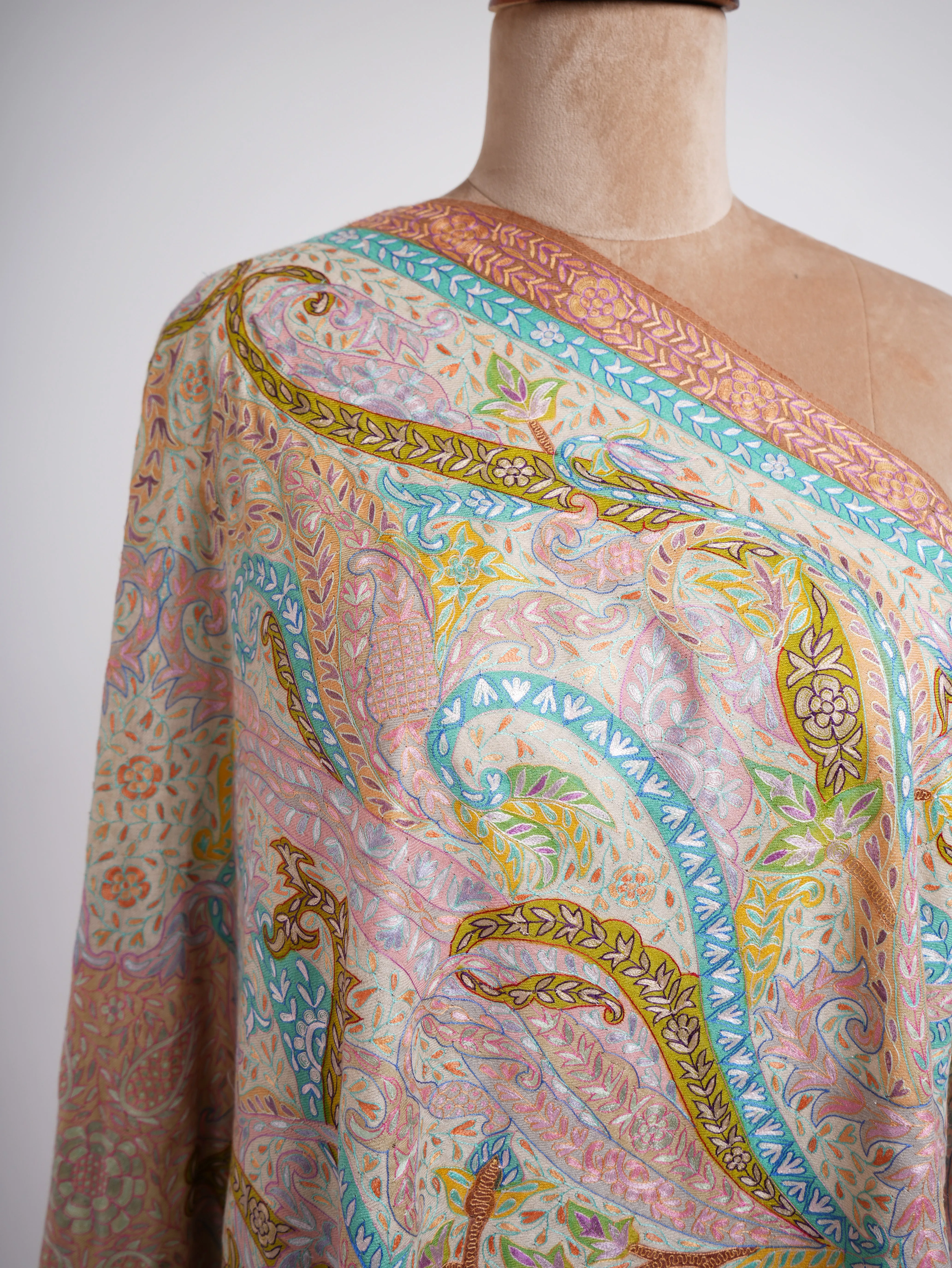 Hand Embroidered Pastel Bridal Kalamkari Pashmina Shawl