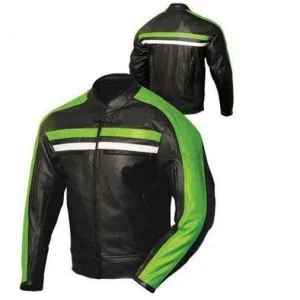 Handmade Biker leather black green Strip Jacket